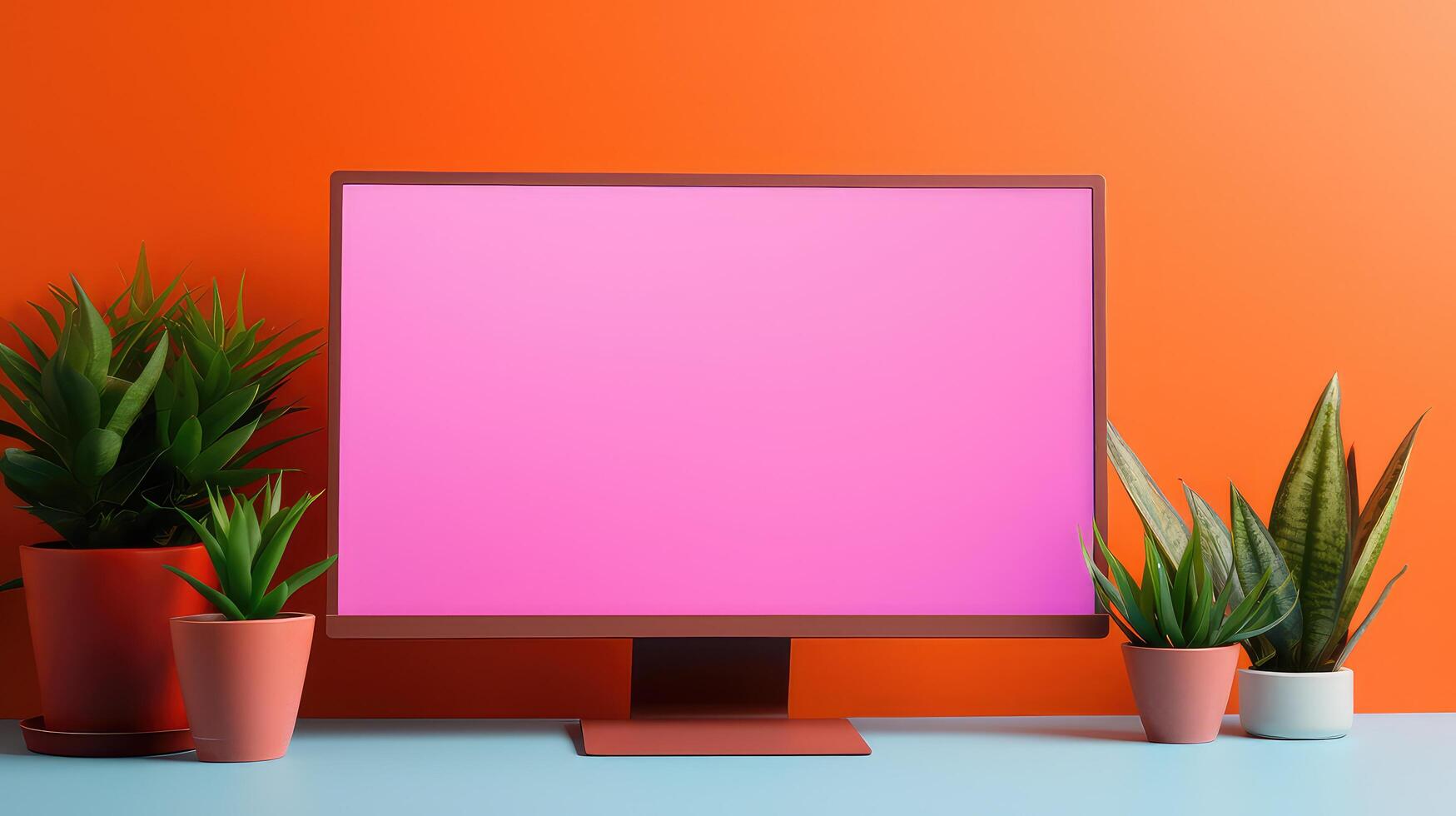A computer monitor sits on a desk with a few potted plants in the background photo