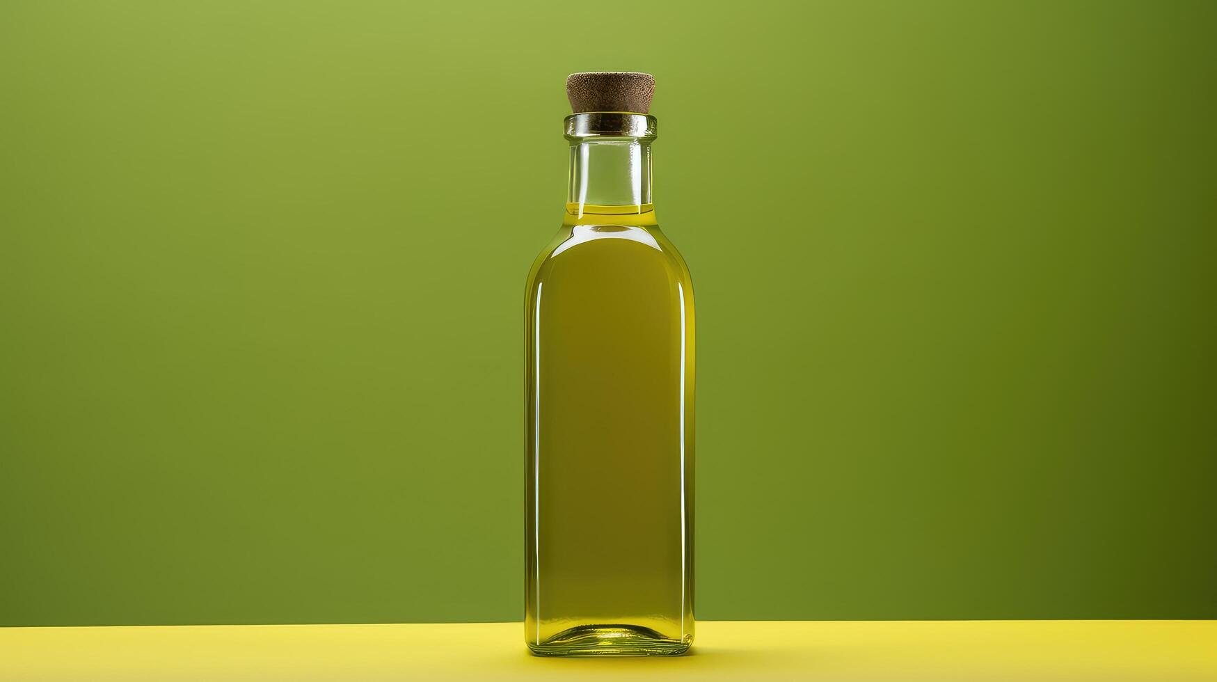 A bottle of olive oil sits on a table photo