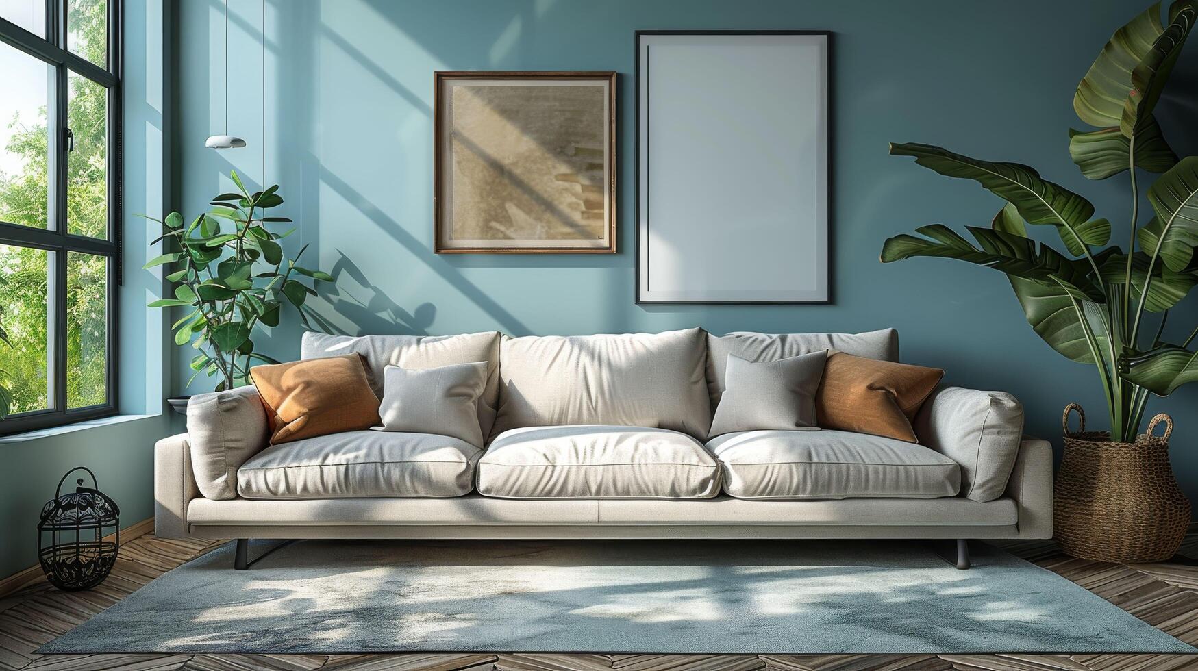 A large white couch sits in a room with a blue wall and a window photo