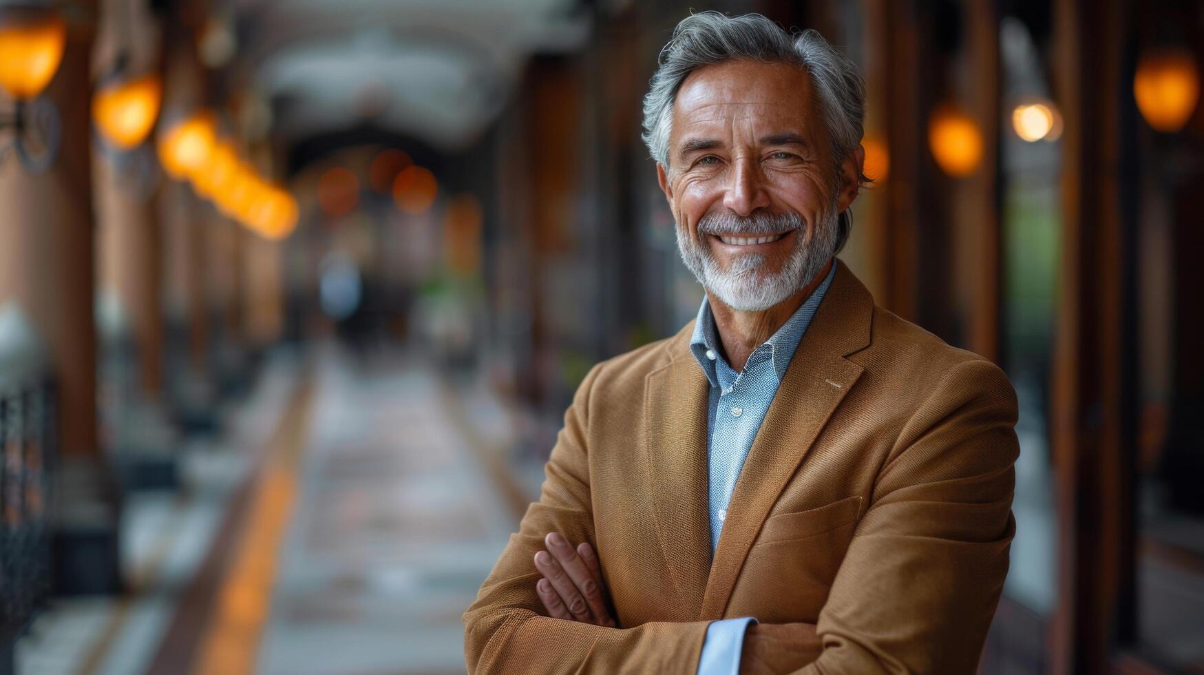 Smiling older bank manager or investor, happy middle aged business man boss leader, confident mid adult professional businessman executive standing in office hallway, mature entrepreneur portrait photo