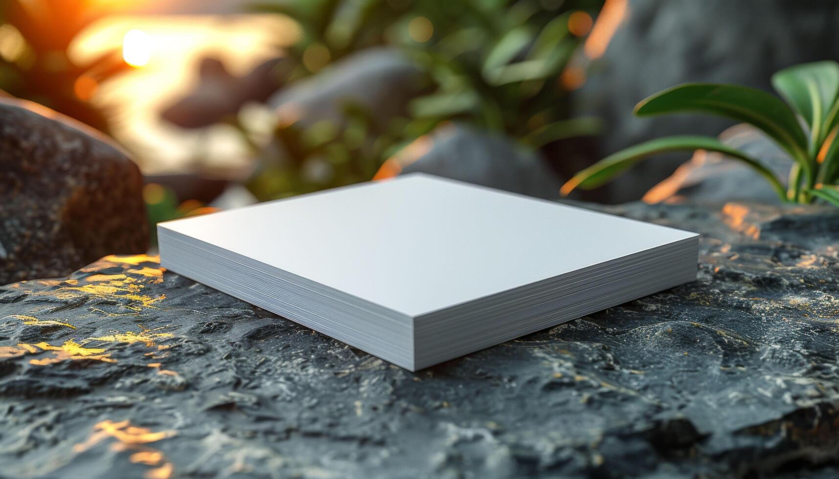 A white square of paper is on a rock photo