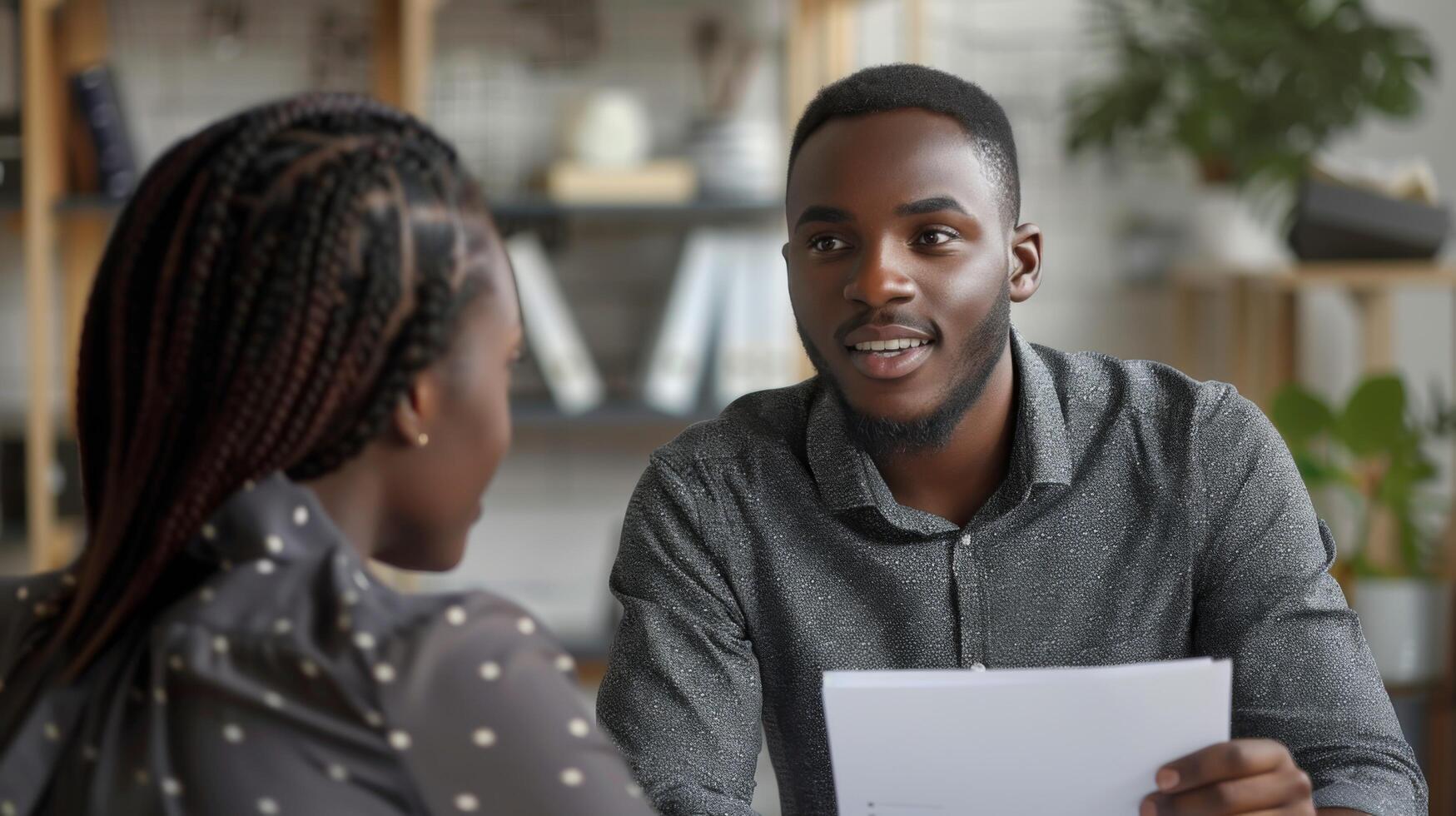 Friendly interview between Indian businessman hr director holding paper cv hiring for job female African American applicant manager sitting in contemporary office. Human resources recruitment concept photo