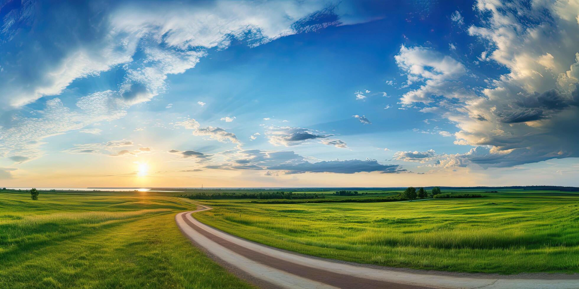 asphalt road through the green field and clouds on blue sky in summer day photo