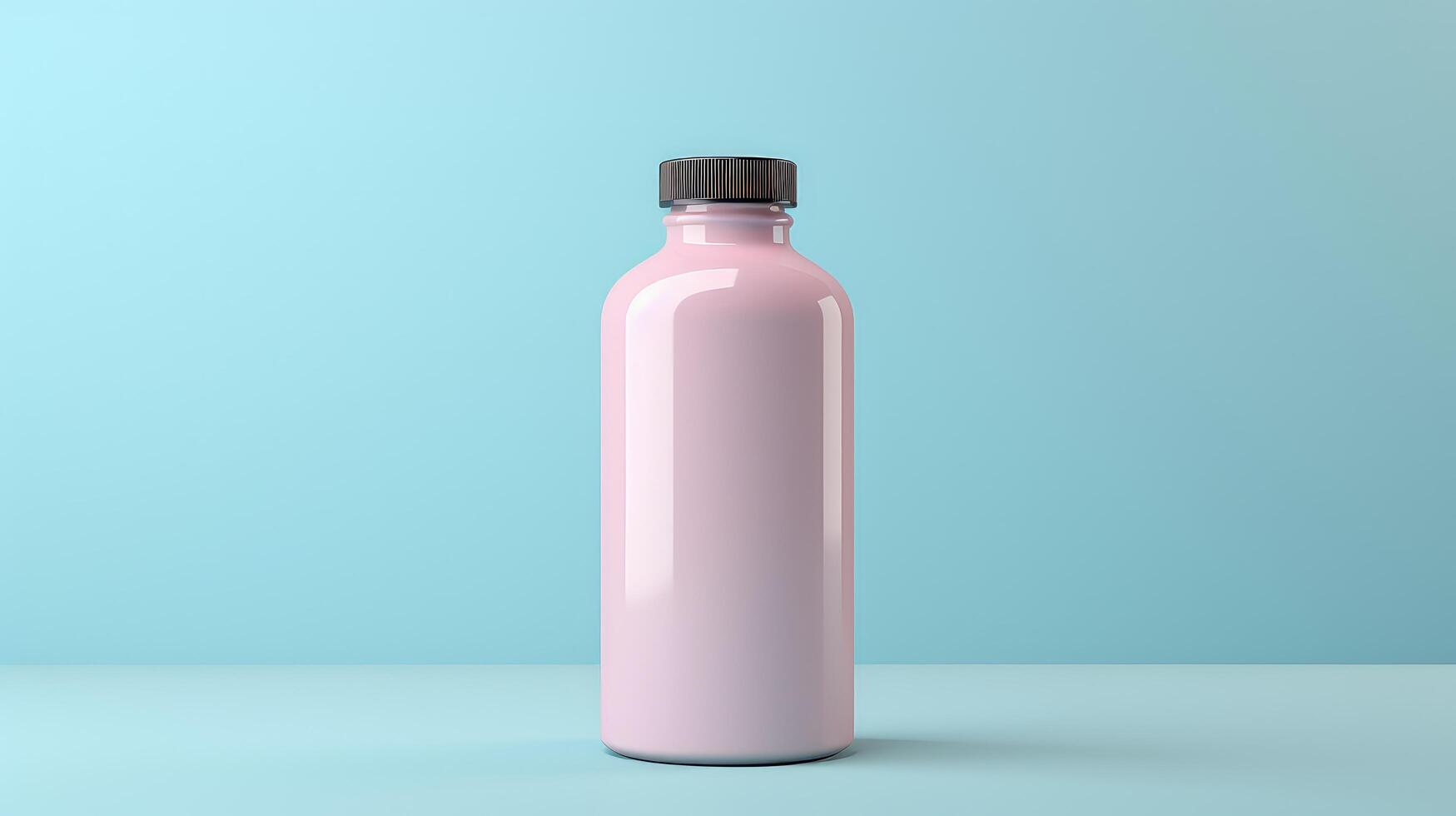 A bottle of pink liquid is sitting on a blue surface photo