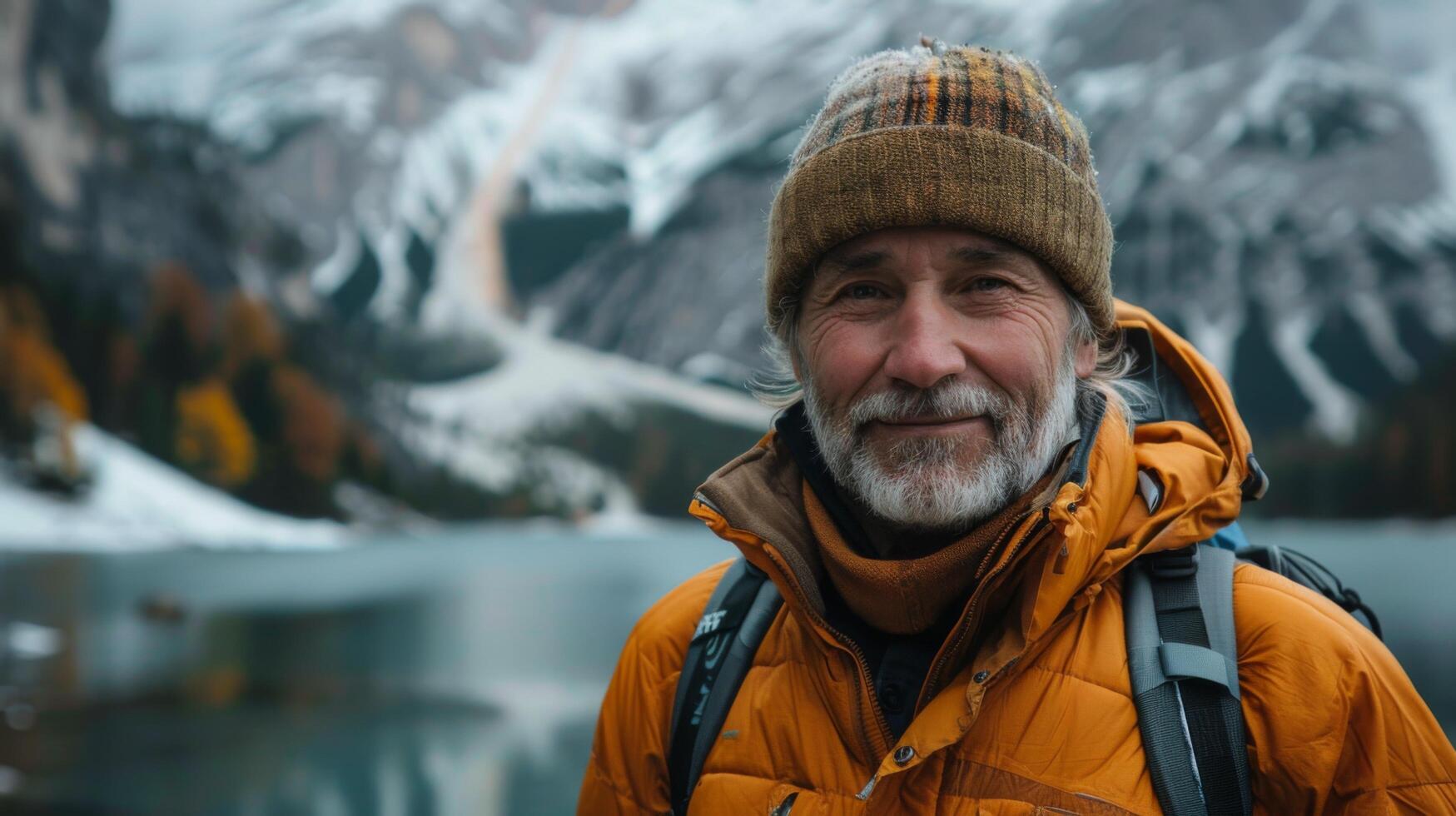 Happy older man standing in nature park enjoying natural park landscape. Smiling mature active traveler exploring camping tourism nature lake and mountains travel journey feeling freedom photo