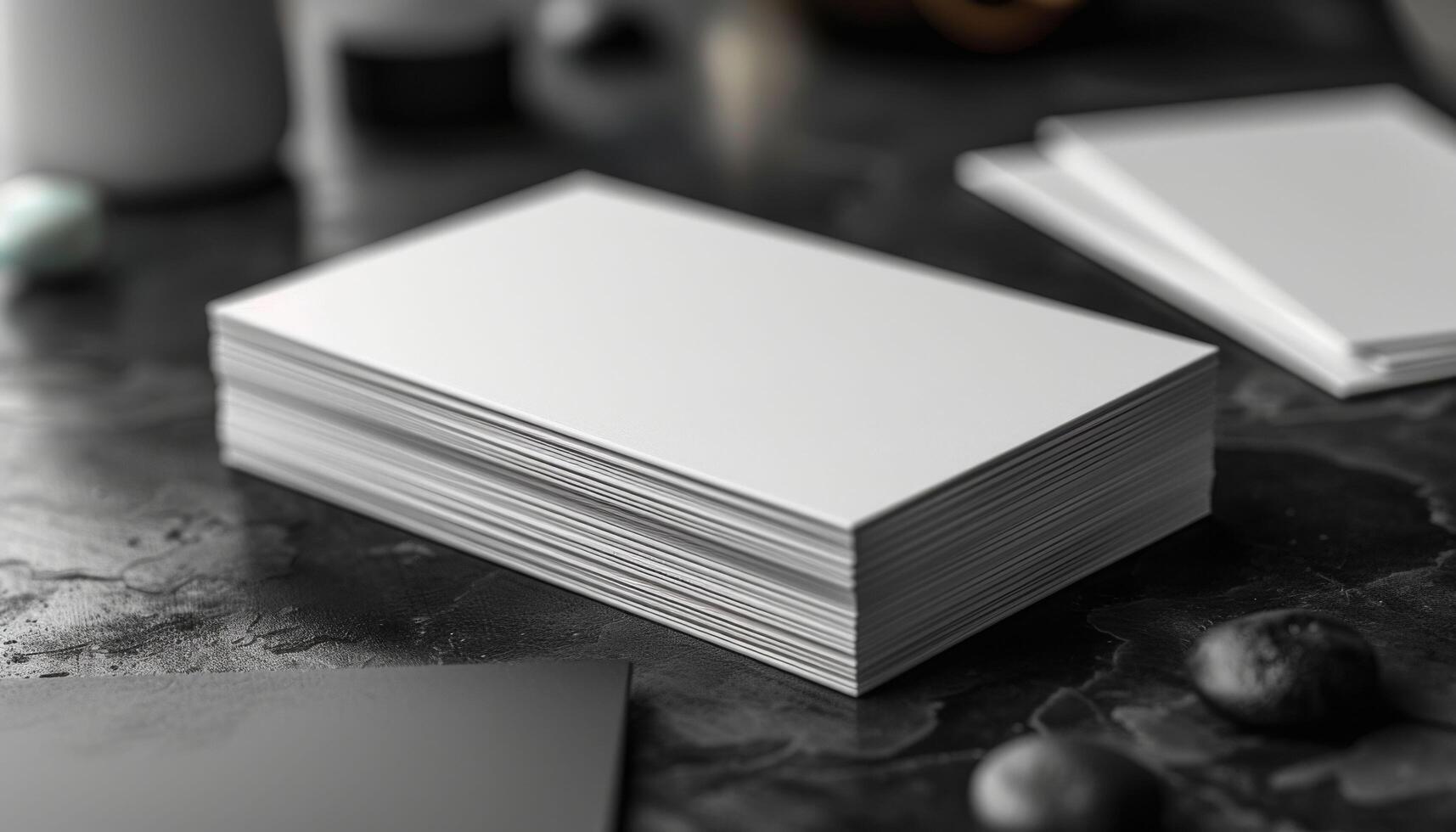 A stack of white business cards sits on a table photo