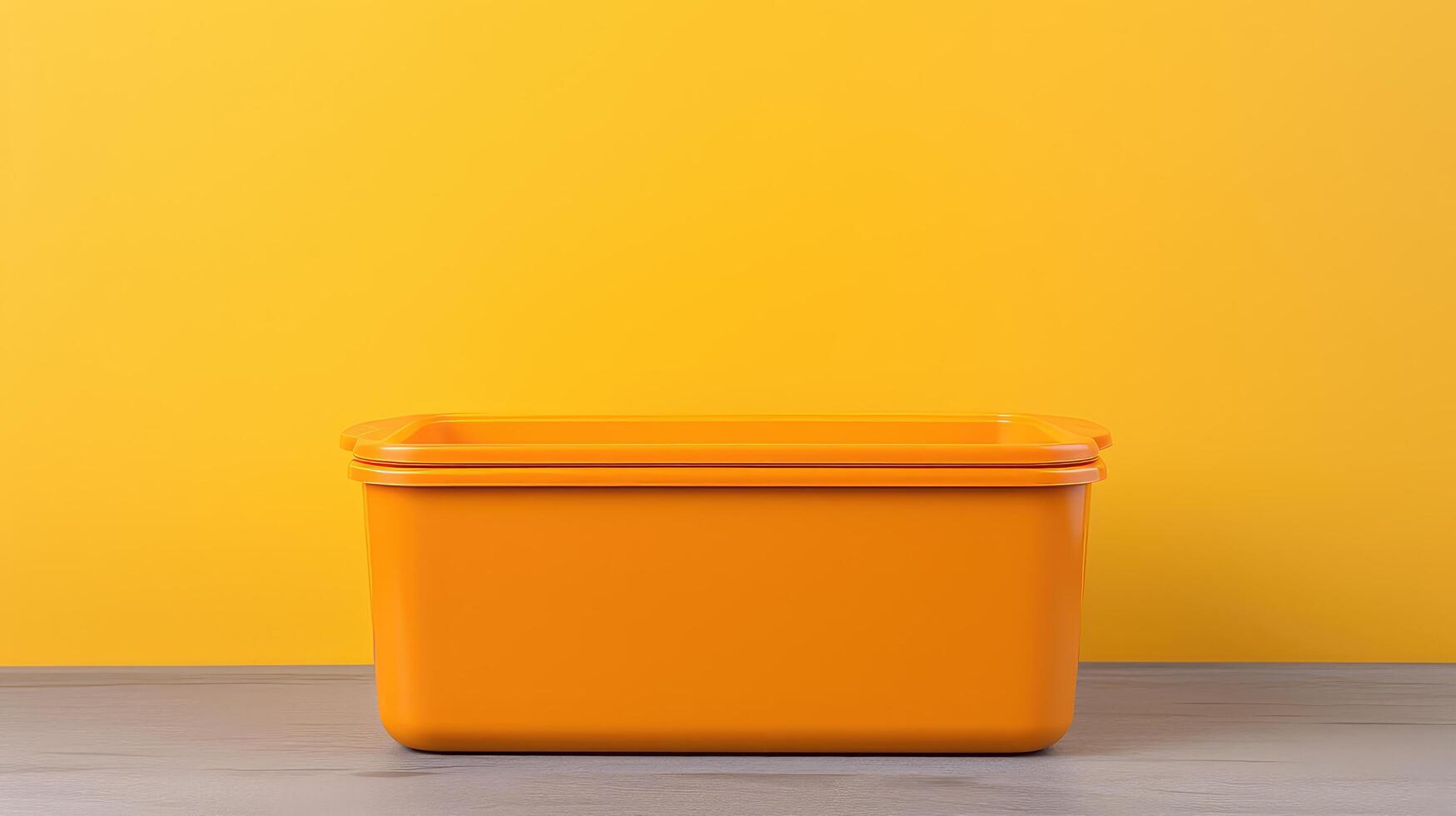A large orange container sits on a yellow wall photo