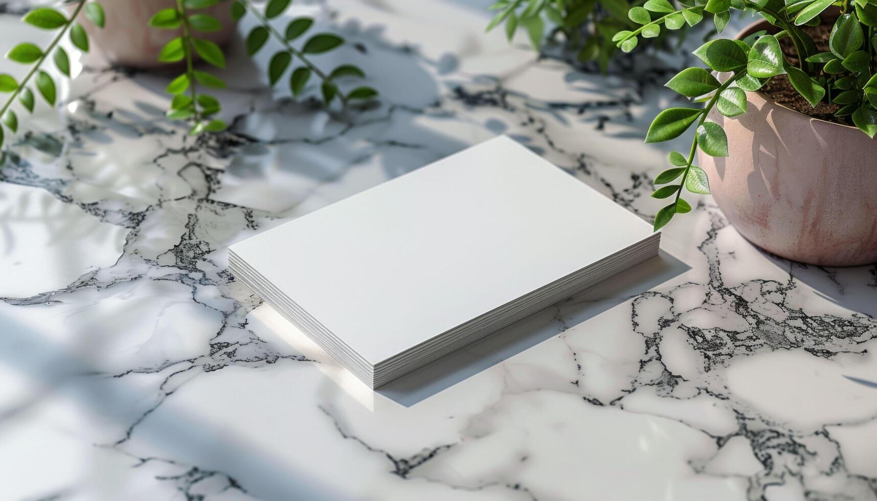 A white card with a green leaf on it sits on a marble countertop photo
