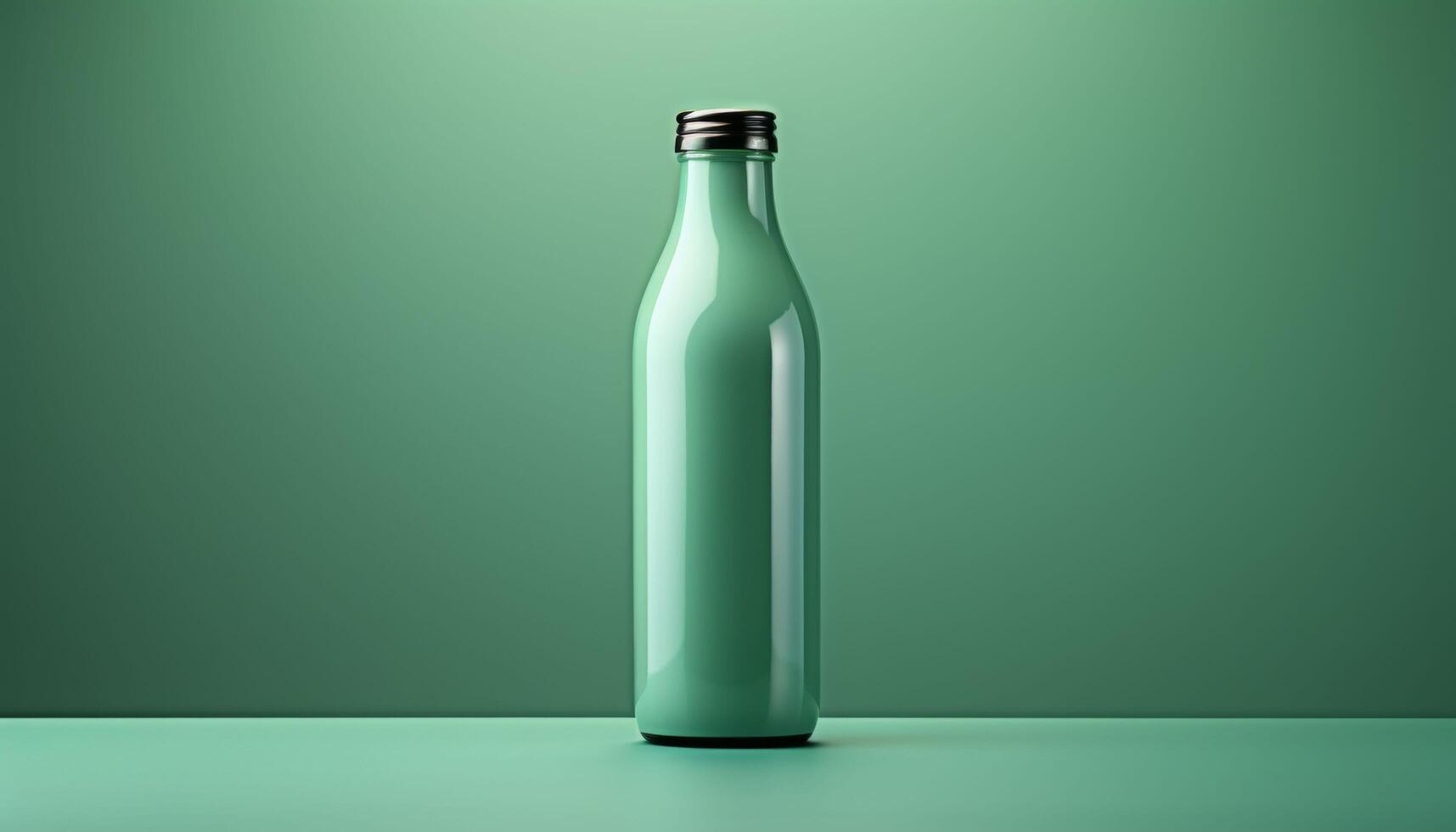 A green bottle with a silver cap sits on a green background photo
