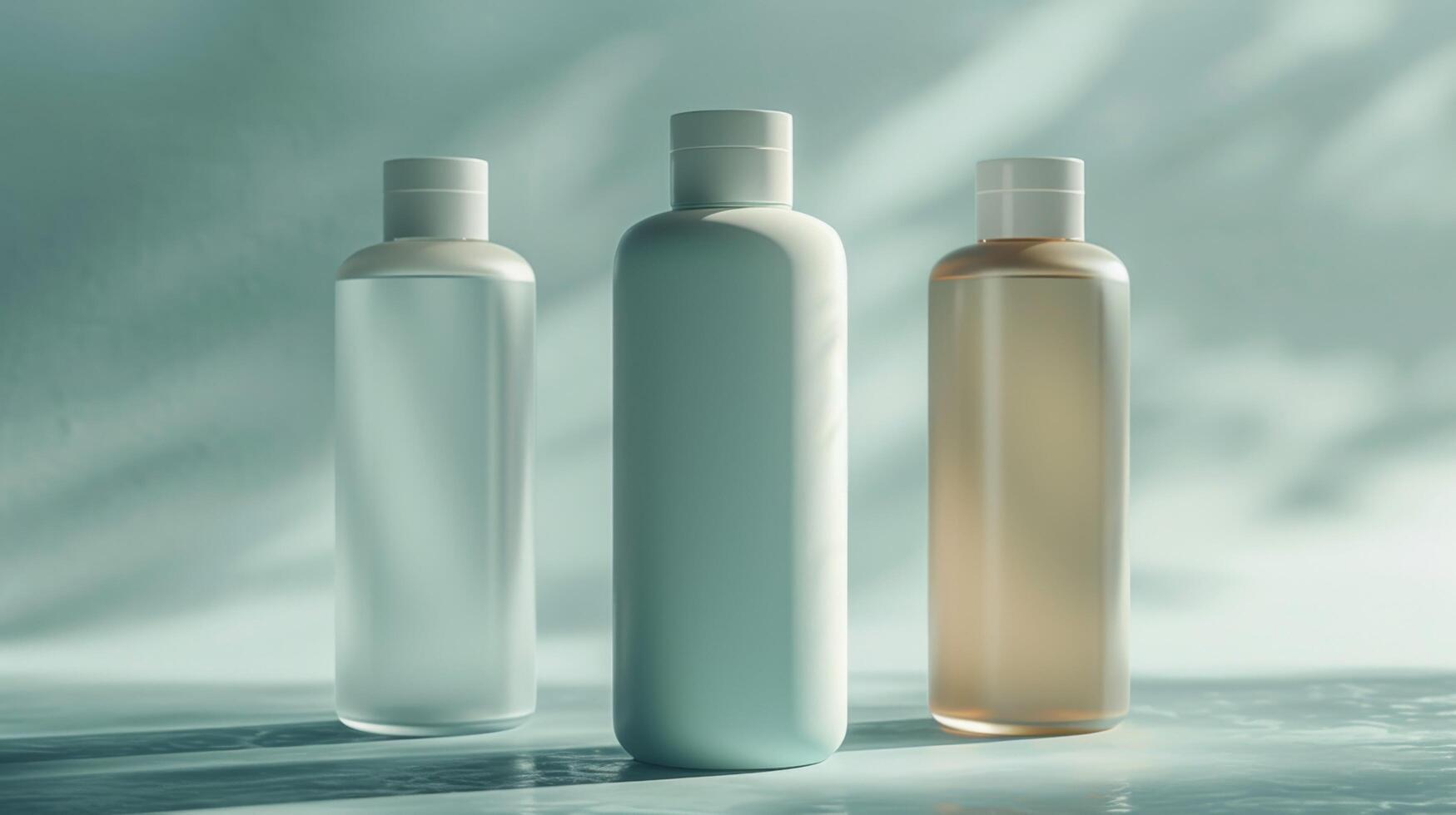 Three bottles of liquid are lined up on a table, with one bottle in the middle photo