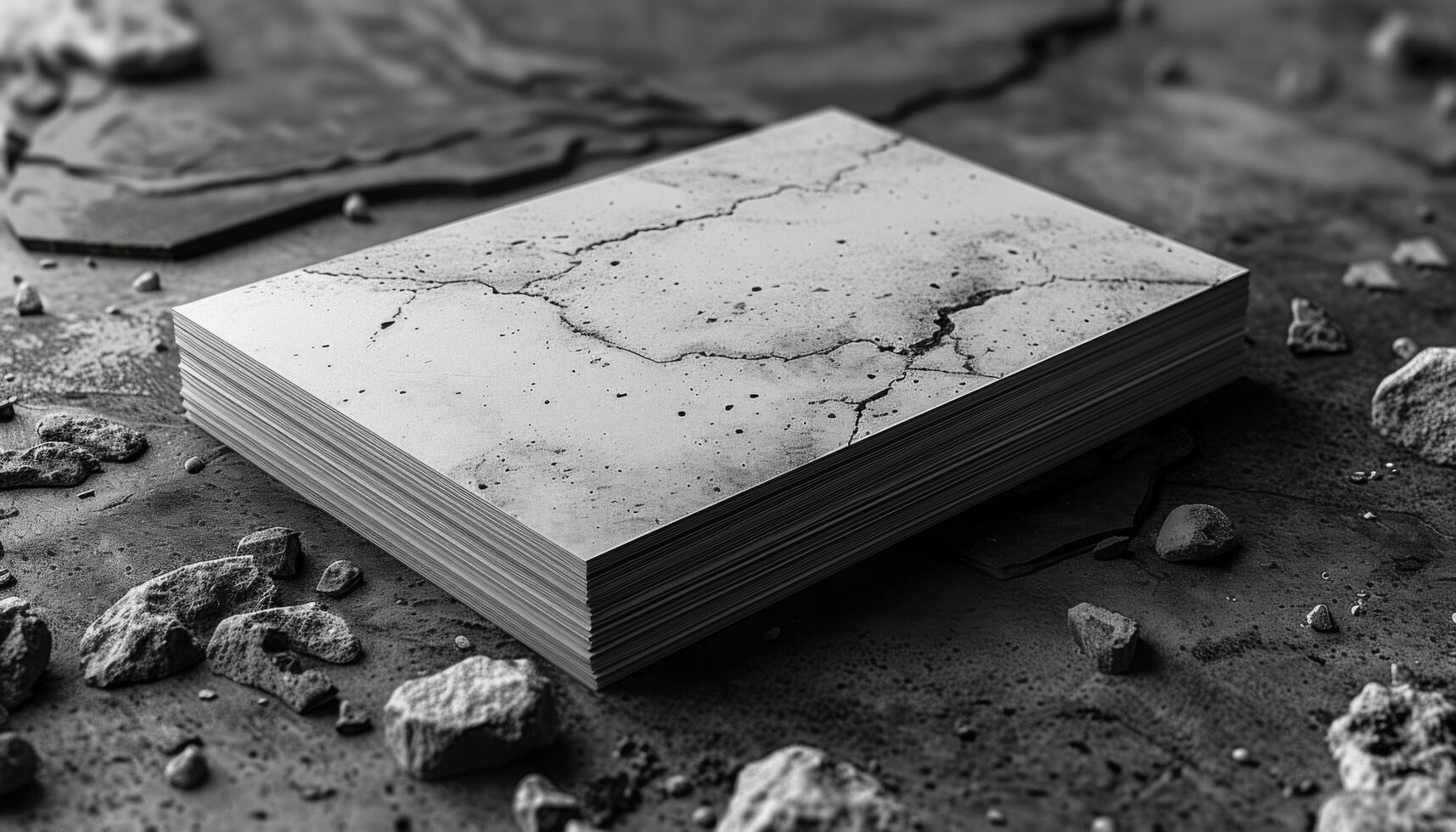 A stack of white paper with a black border sits on a rocky surface photo