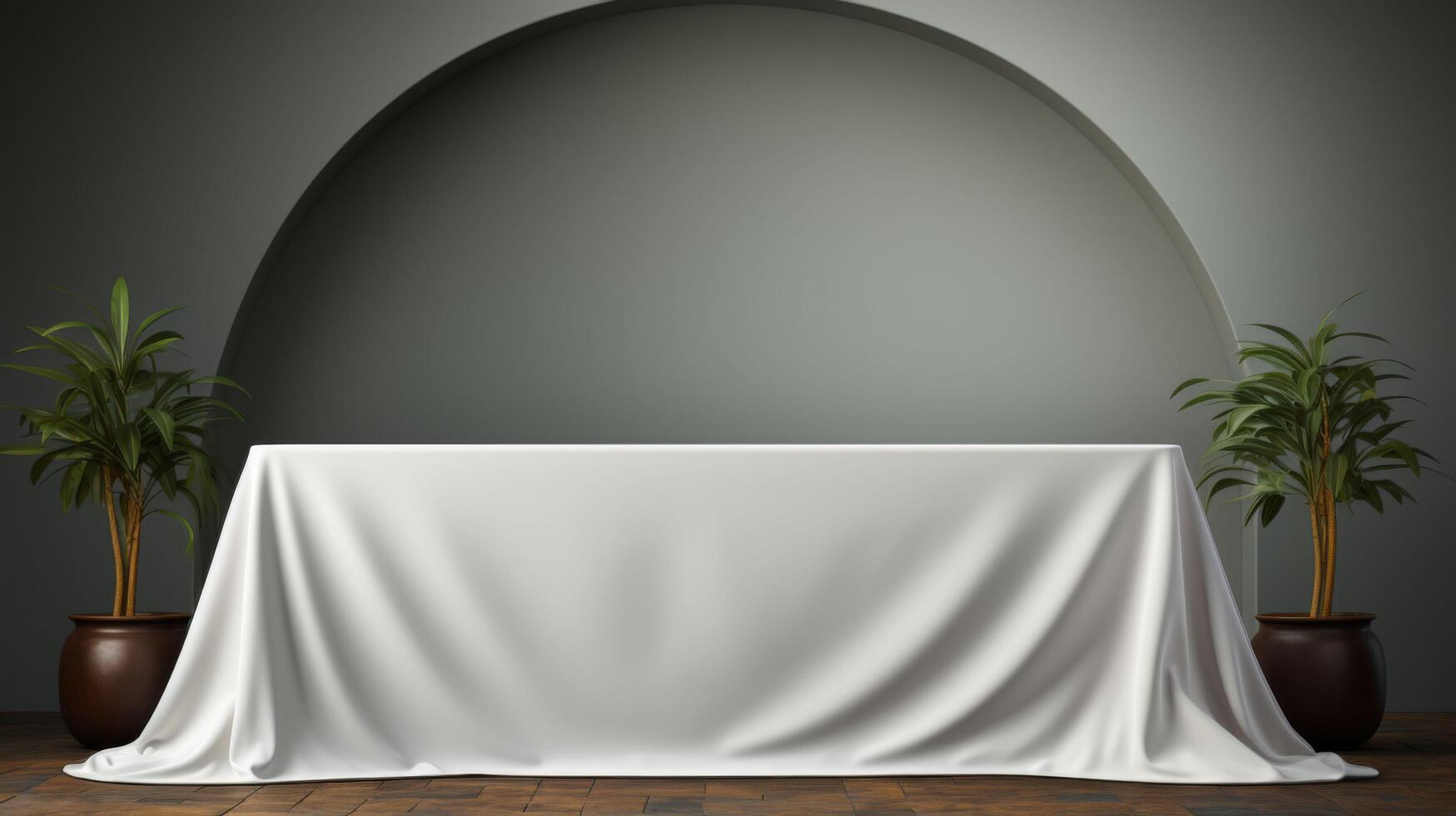 A white tablecloth is draped over a table in a room with a curved archway photo