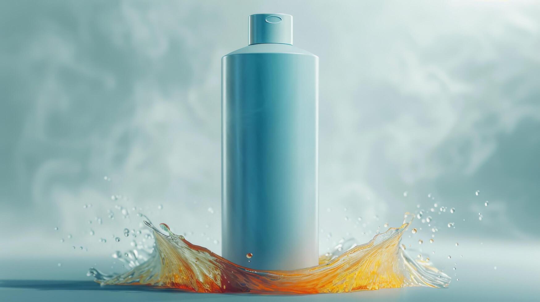 A bottle of shampoo is sitting in a splash of water photo