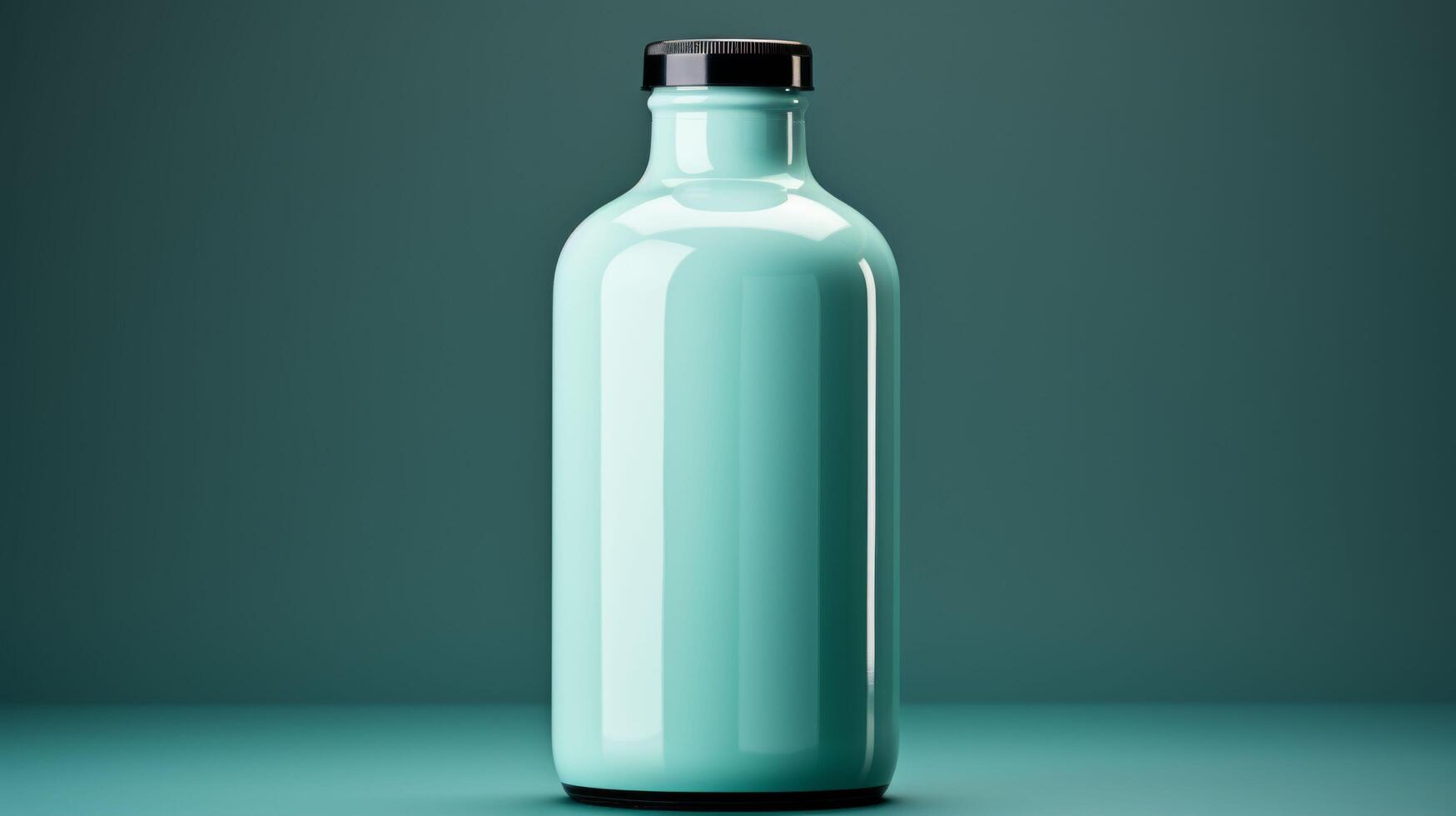 A clear bottle with a black cap sits on a green surface photo
