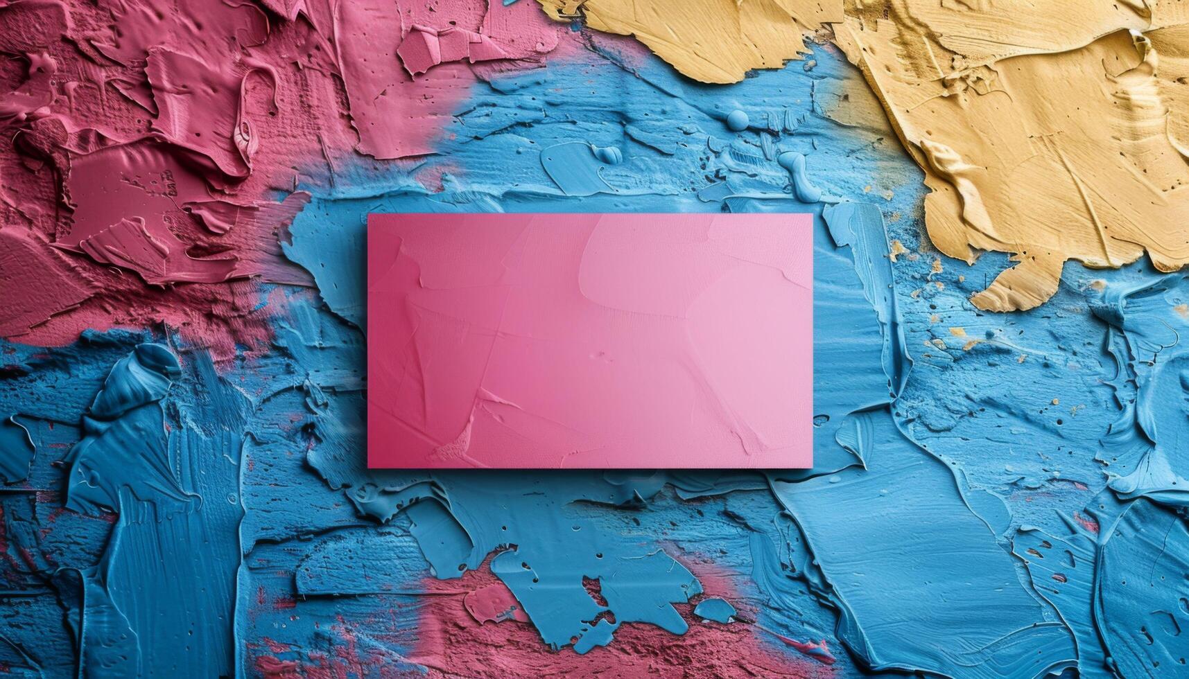 A pink square is painted on a blue and yellow wall photo