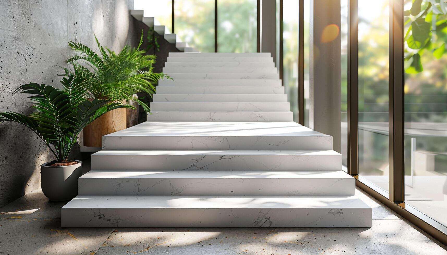 A staircase with a plant on the bottom step photo