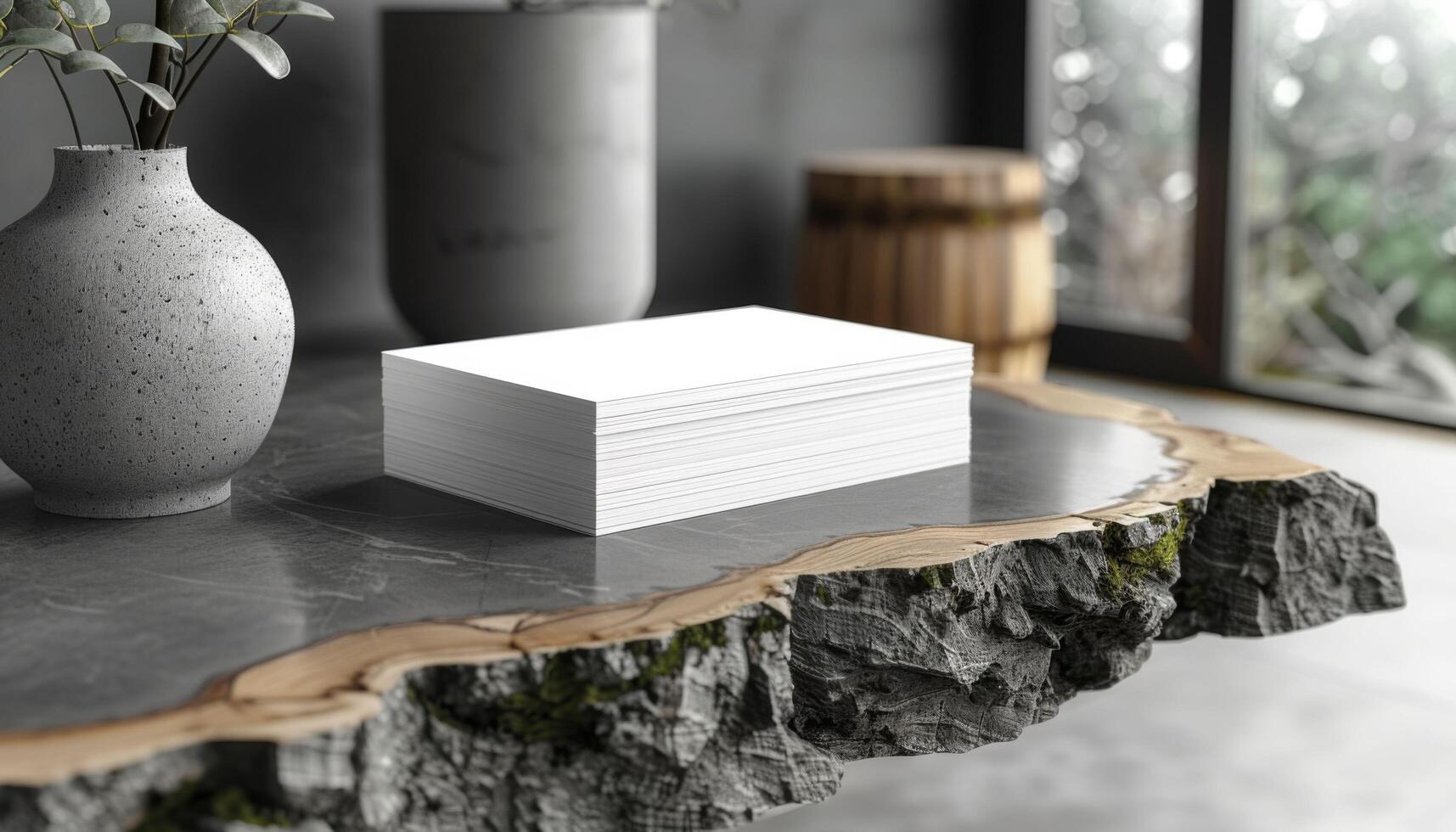 A white box with white paper sits on a table with a vase and a wooden stool photo