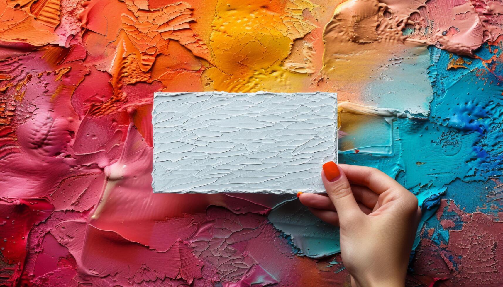 A hand holding a white card in front of a colorful wall photo