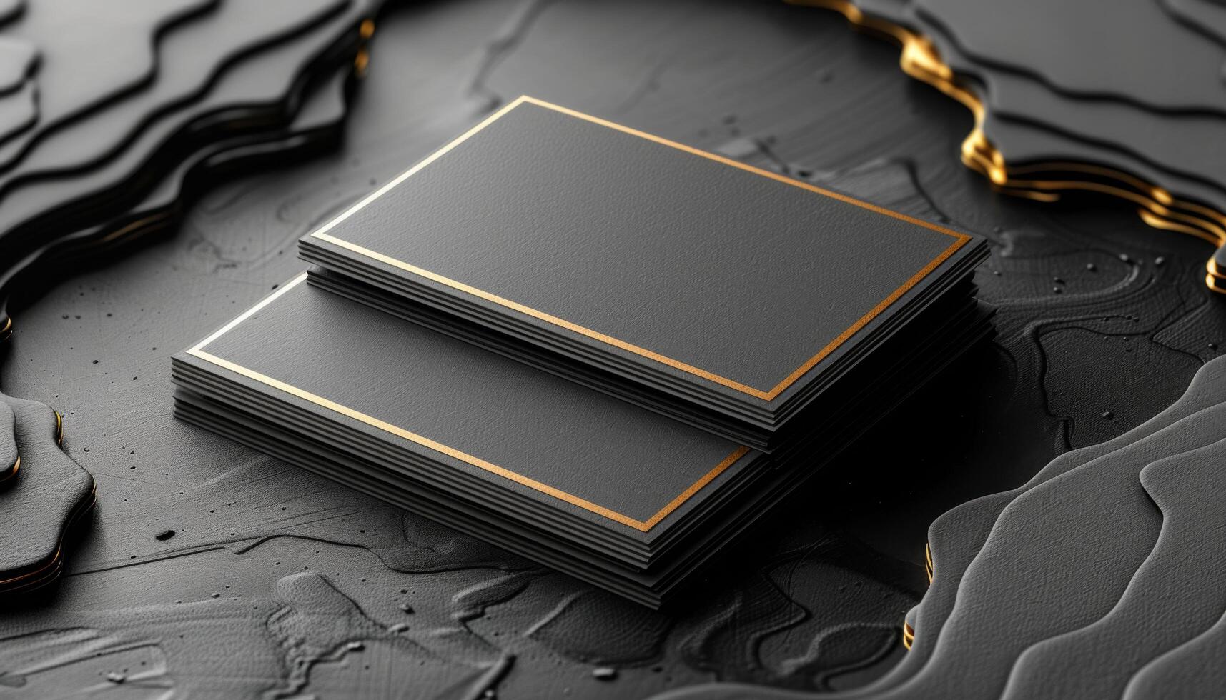Two black business cards with gold borders are displayed on a black background photo