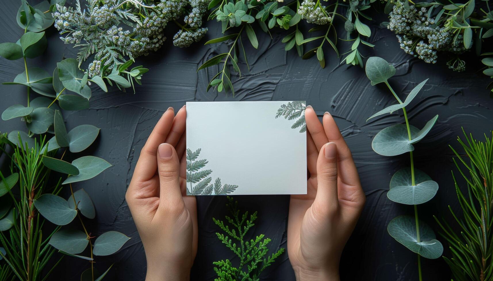 A person holds a white card with a leaf design on it photo