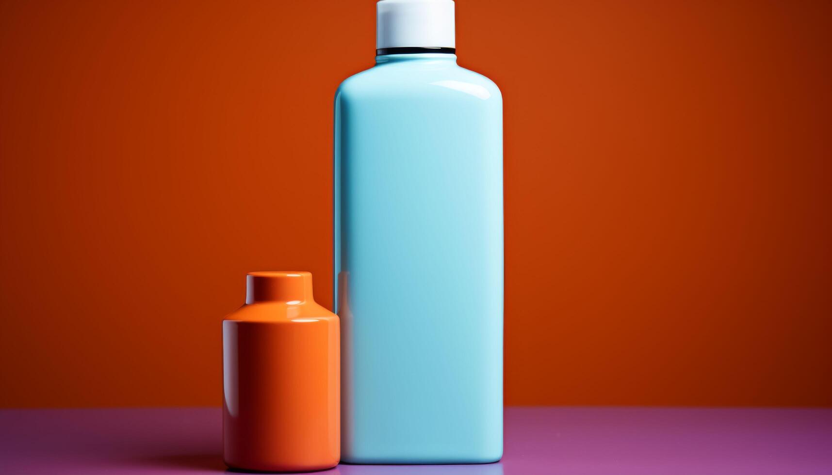 Two bottles, one blue and one orange, are sitting on a table photo