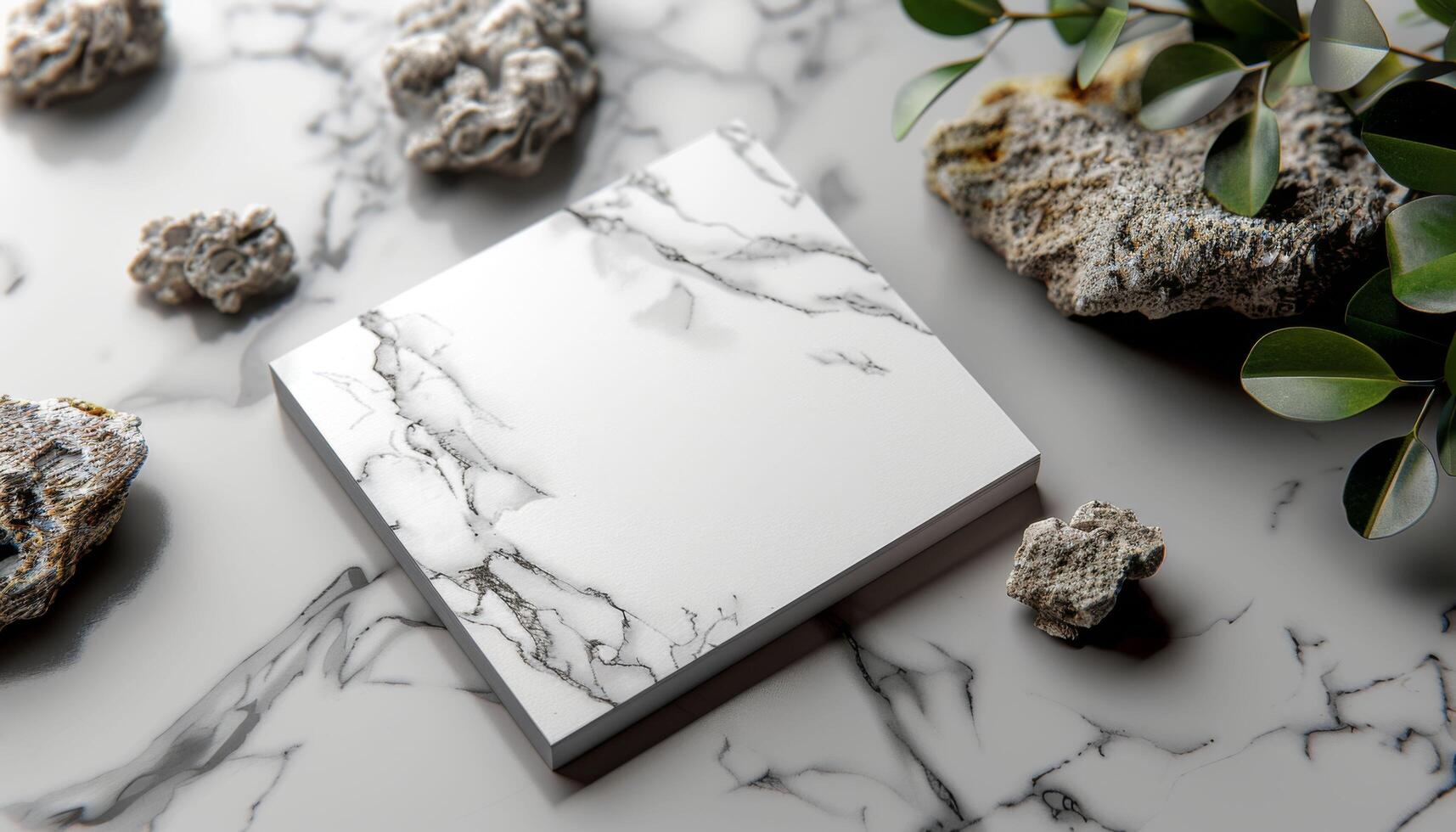 A white marble square with a black border sits on a marble countertop photo