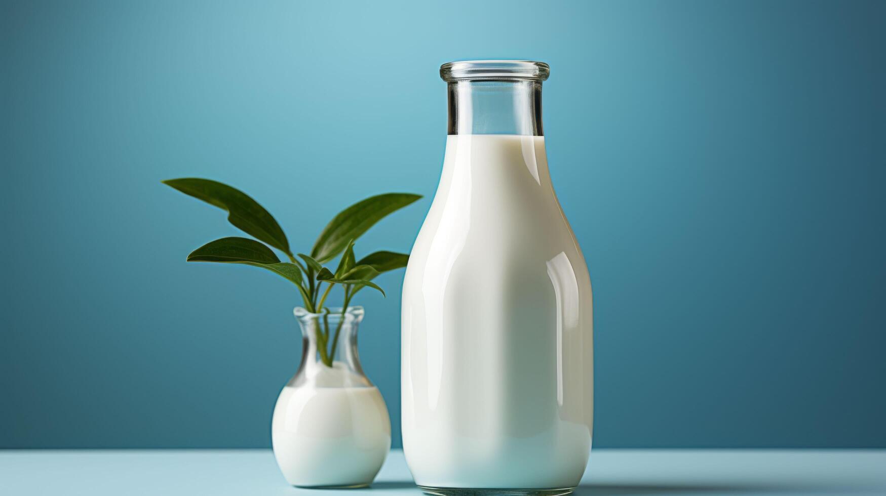 A glass of milk is next to a vase with a plant in it photo