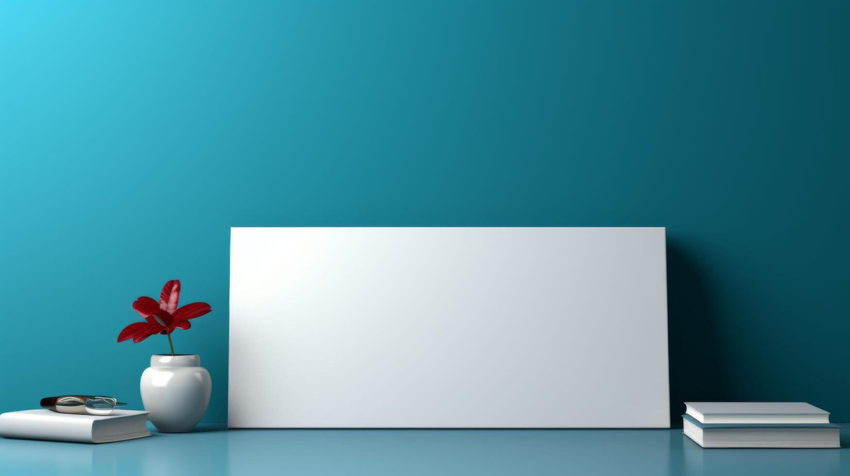 A white board sits on a table next to a vase with a red flower photo
