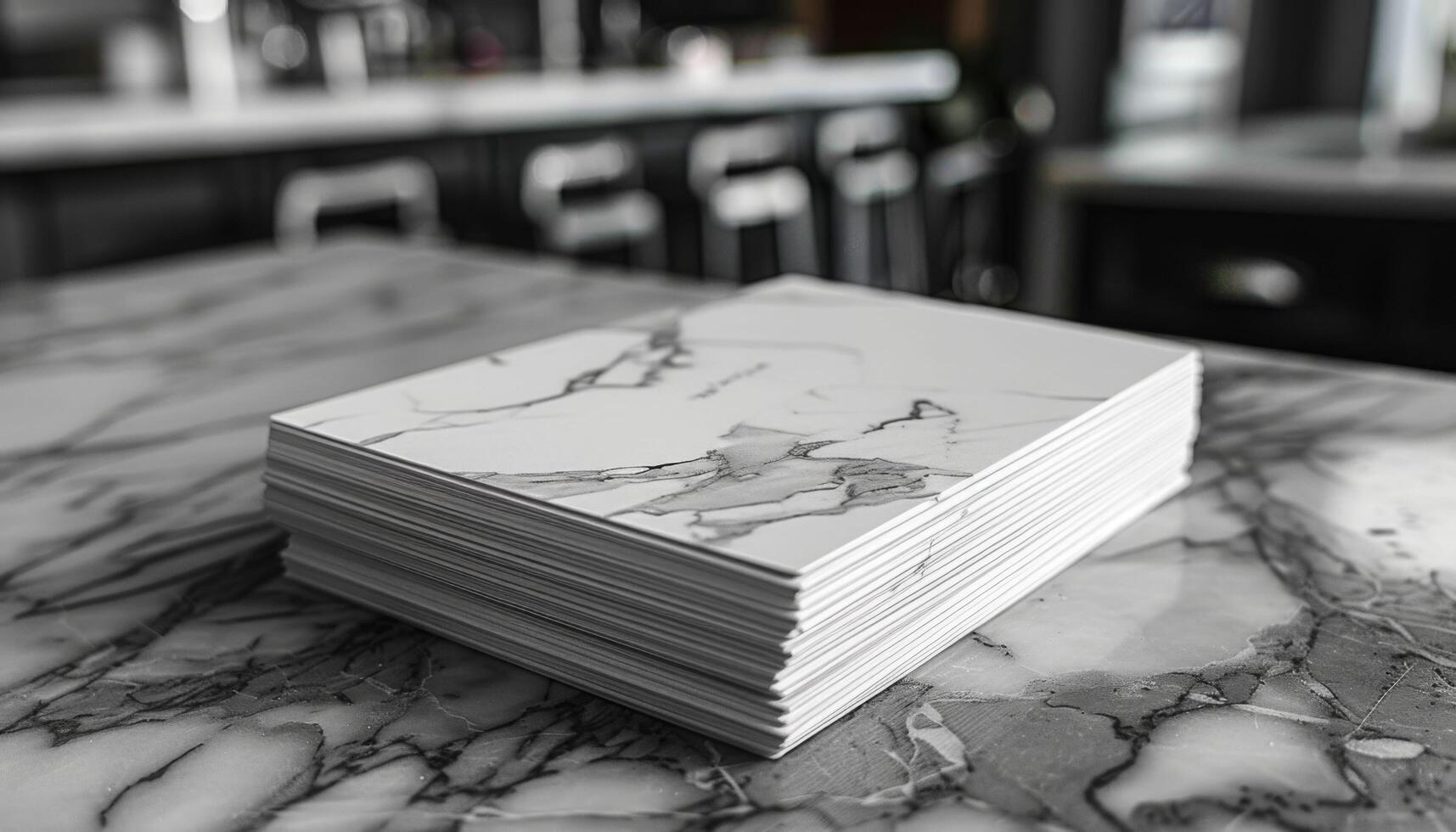 A stack of white papers with a black and white marble pattern photo