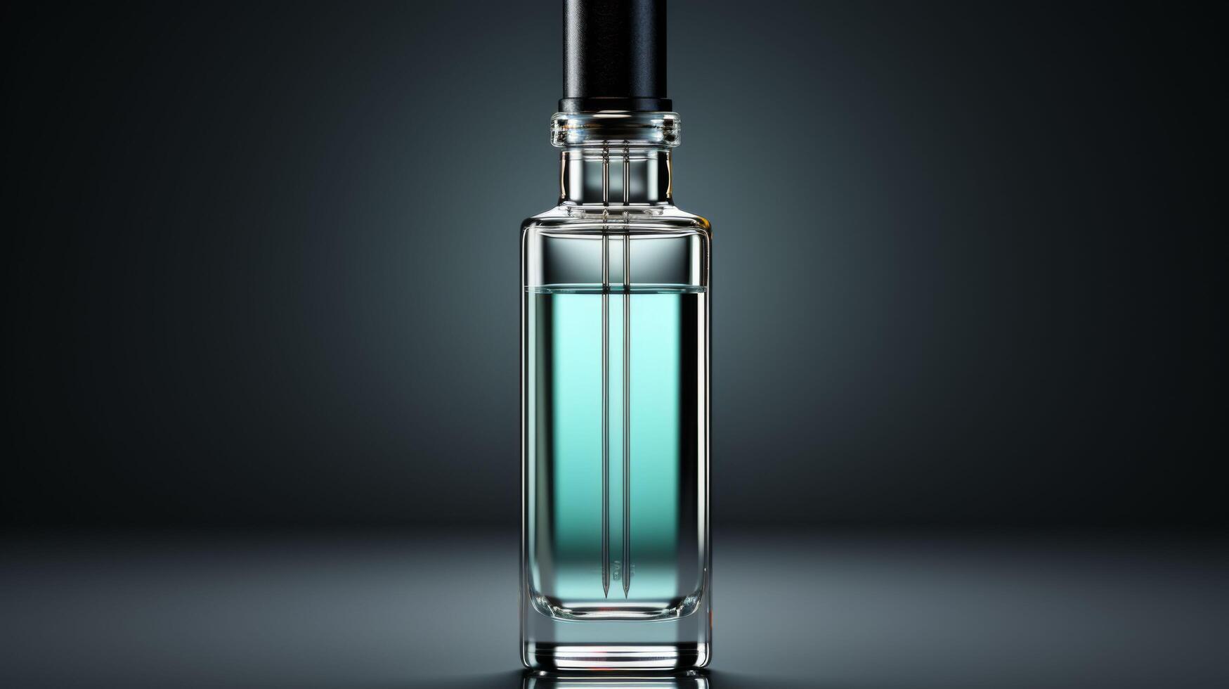 A bottle of cologne is shown in a dark room photo