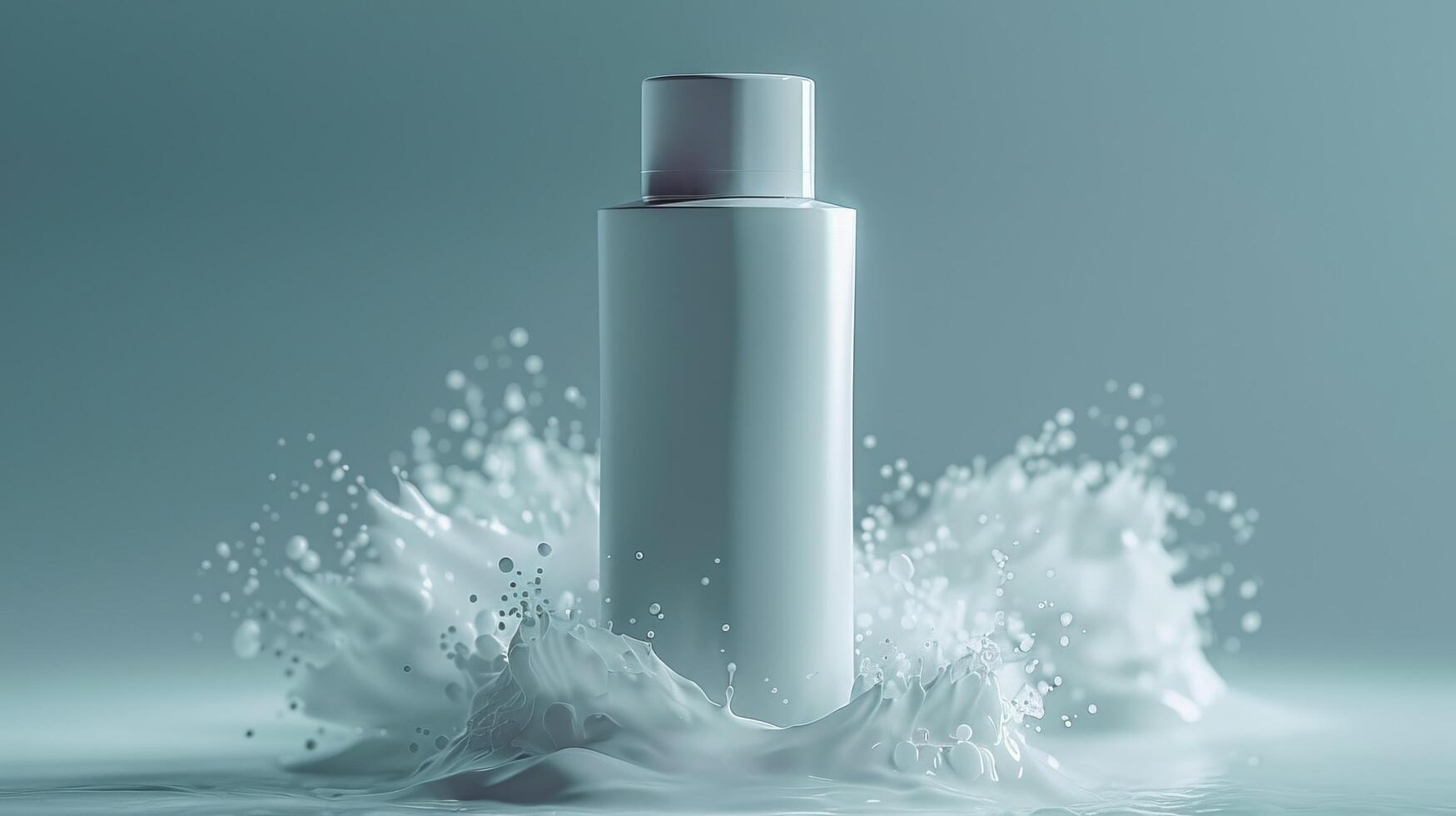 A bottle of lotion is surrounded by a spray of white foam photo