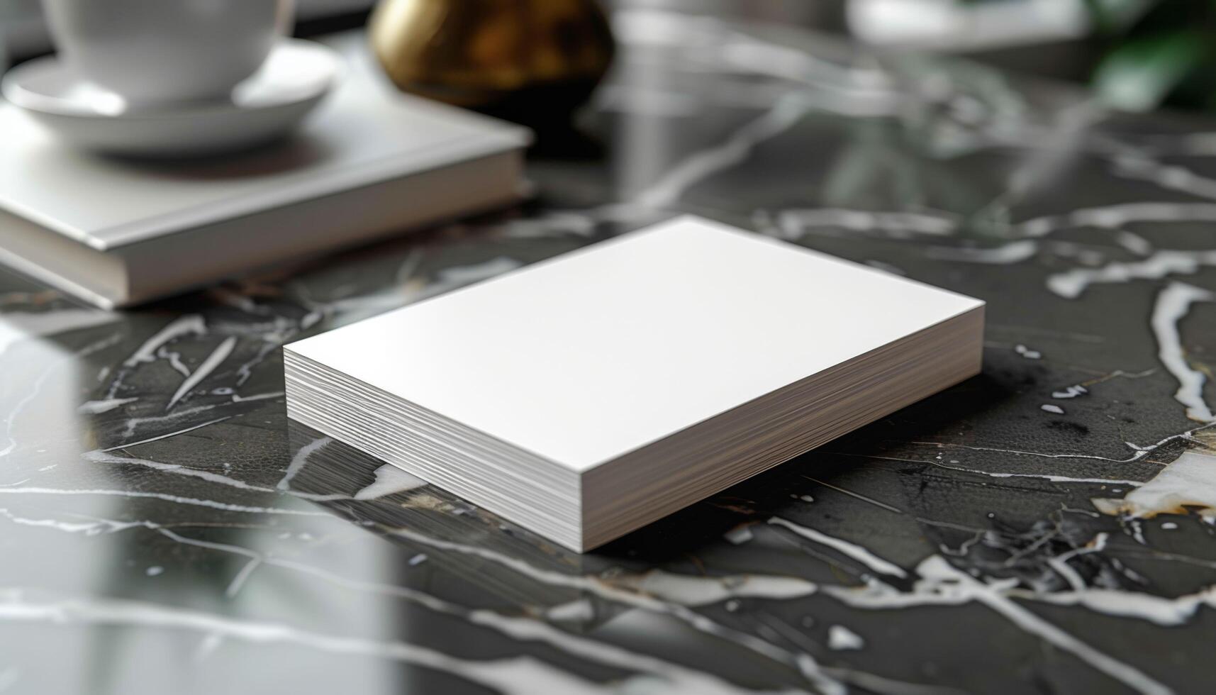 A white card is sitting on a table with a cup and a vase photo