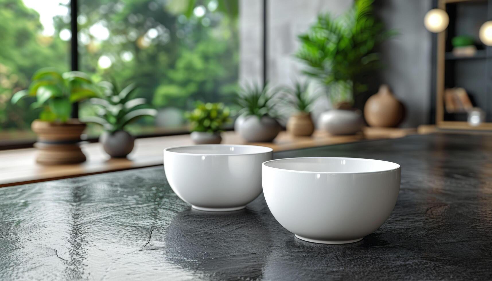 Two white bowls sit on a countertop in front of a window with potted plants photo