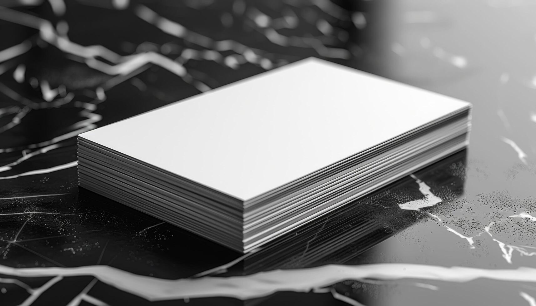 A stack of white business cards sits on a black marble countertop photo