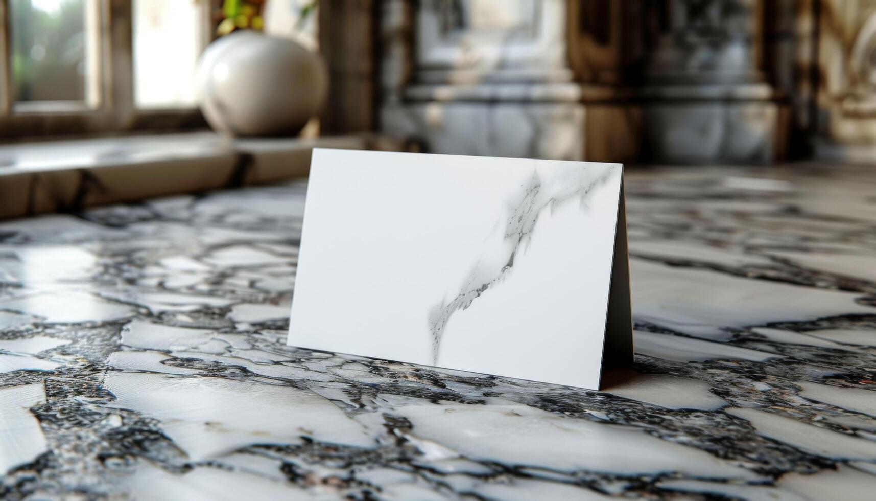A white card with a triangle shape is on a marble floor photo