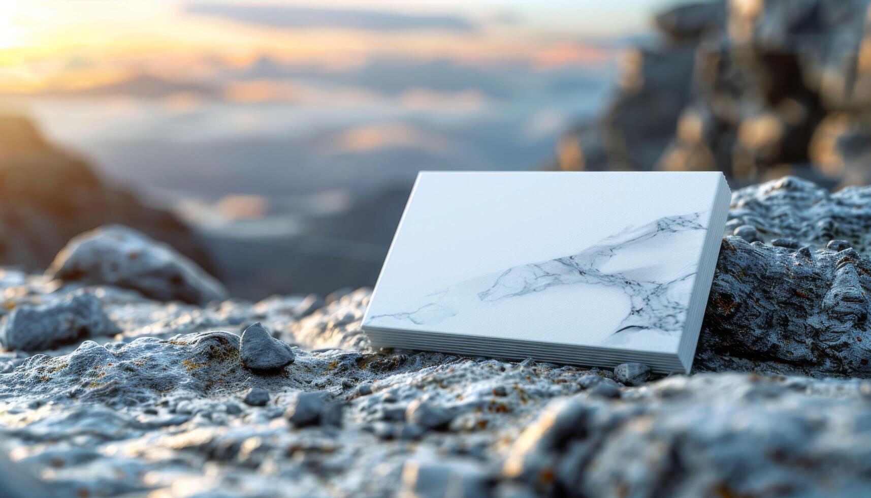 A white box with a marble design sits on a rocky surface photo