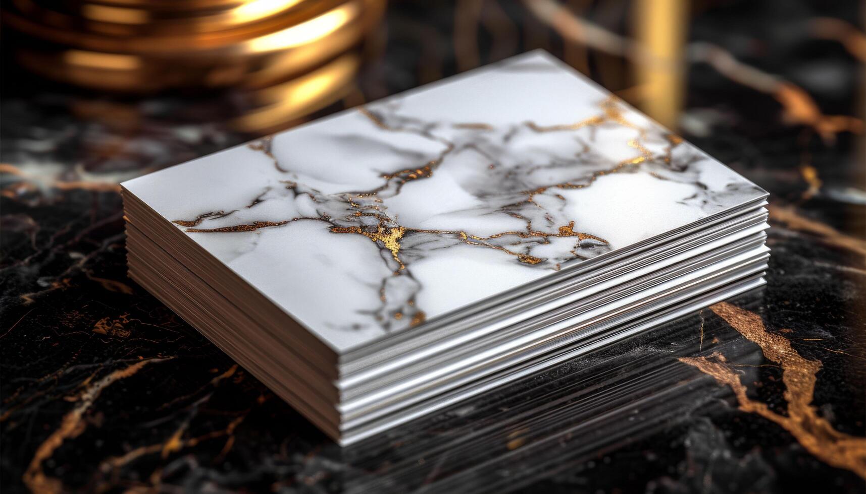 A stack of white and gold marble cards photo