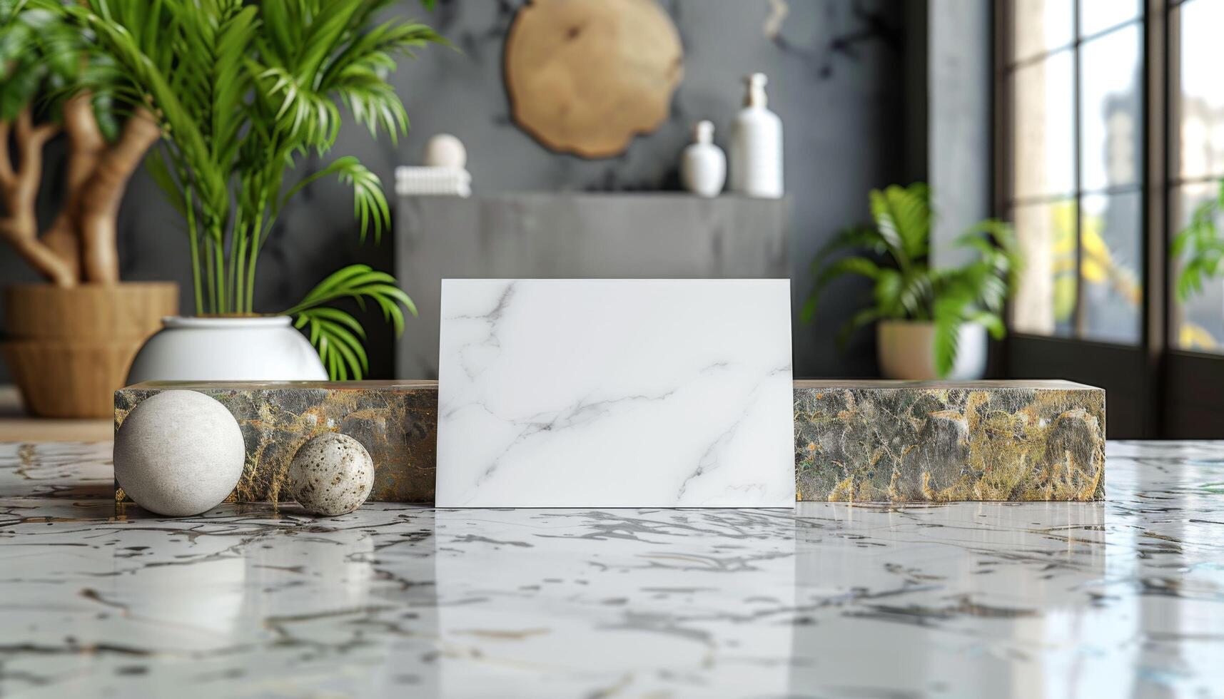 A white card with a marble on top of it photo