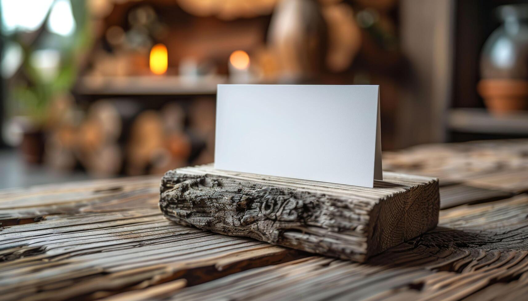 A white card is sitting on a wooden block photo