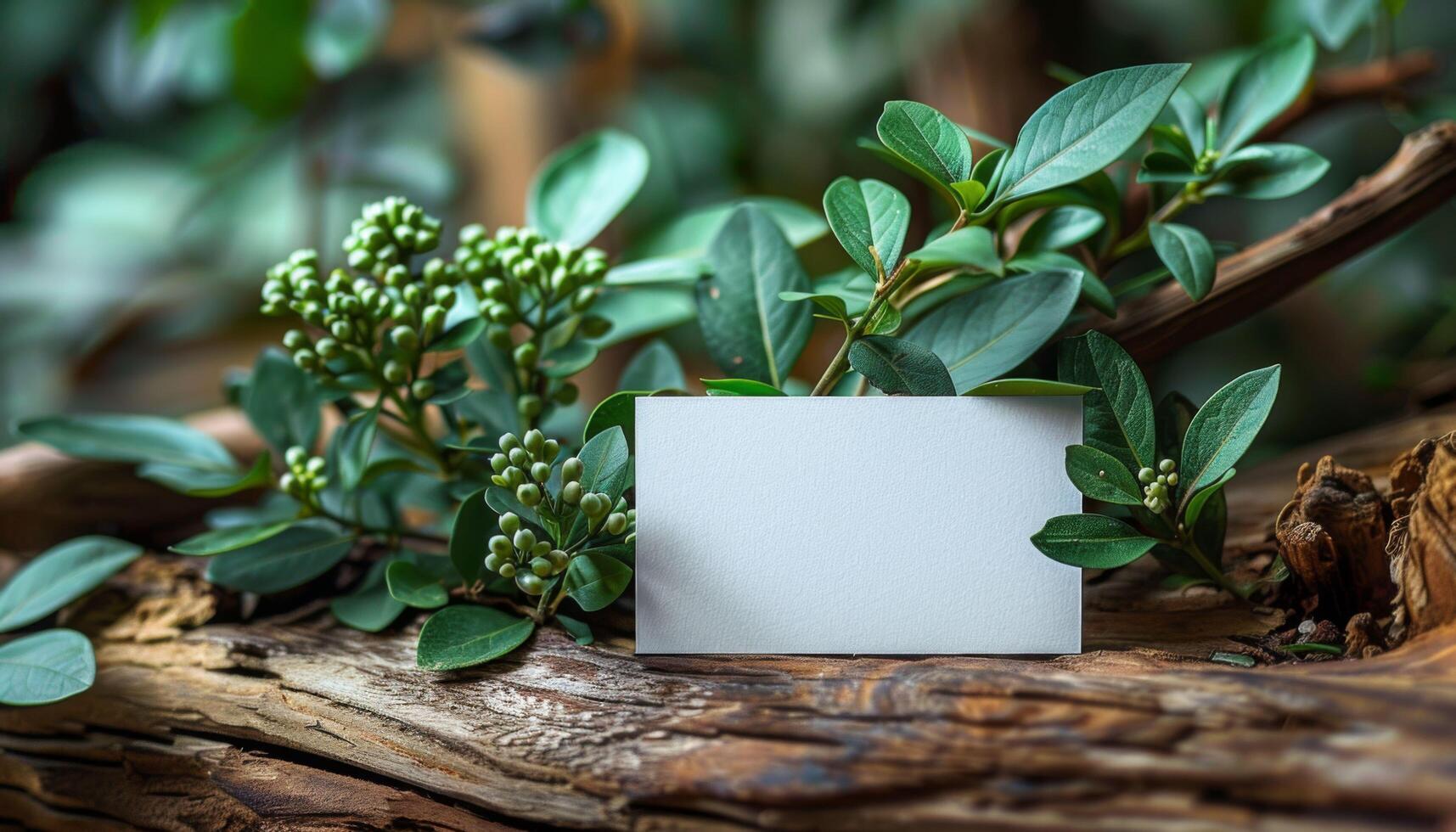 A white card is placed on a wooden surface with green leaves and berries photo