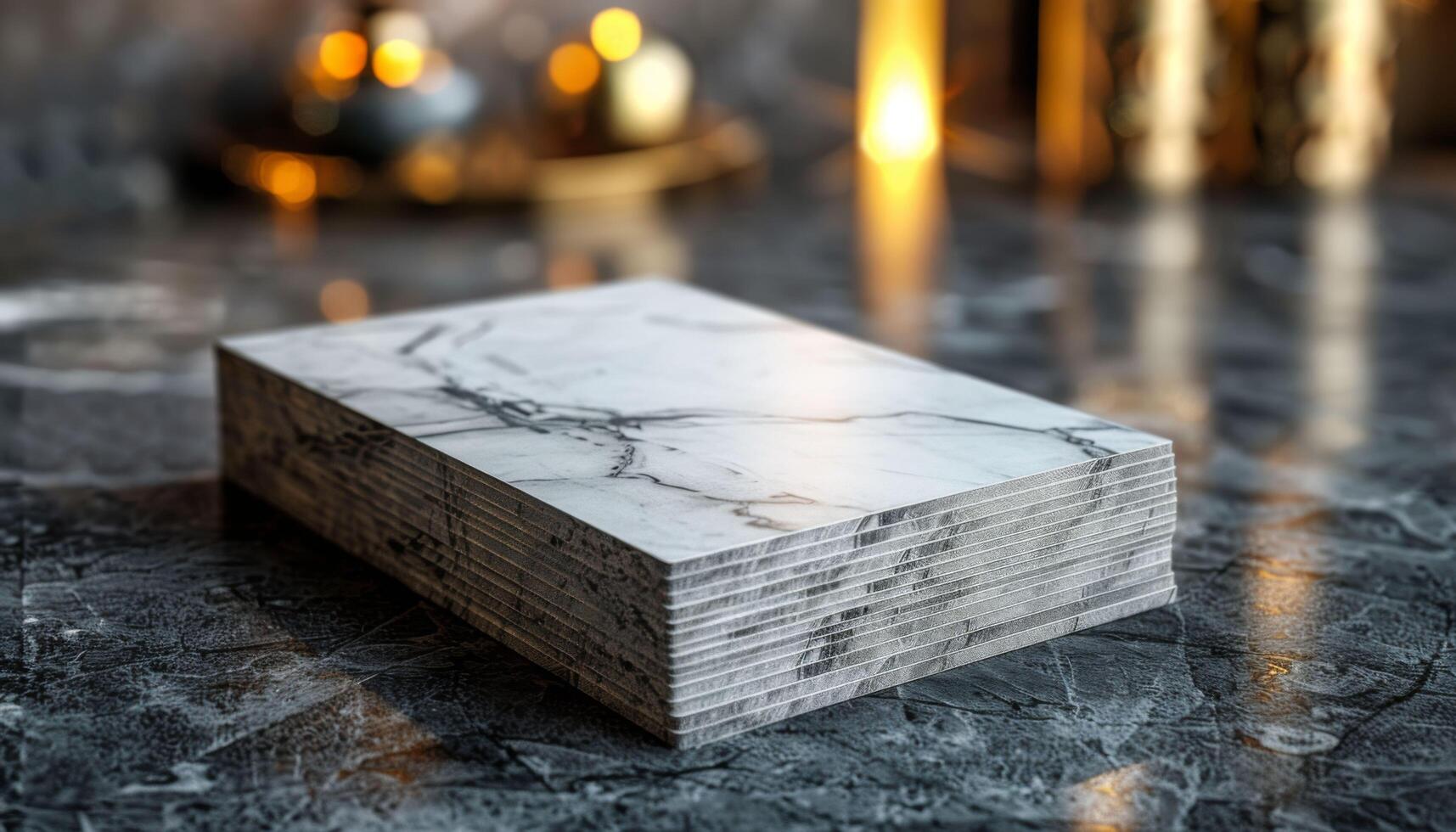 A white marble block with a black and white pattern sits on a dark surface photo
