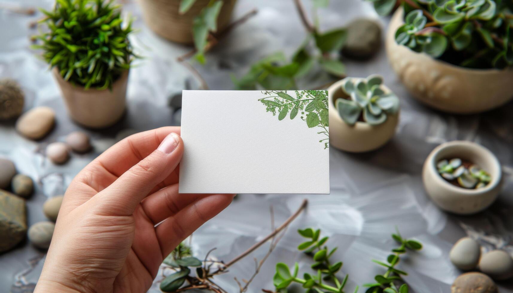 A hand holding a white card with a green leaf design on it photo