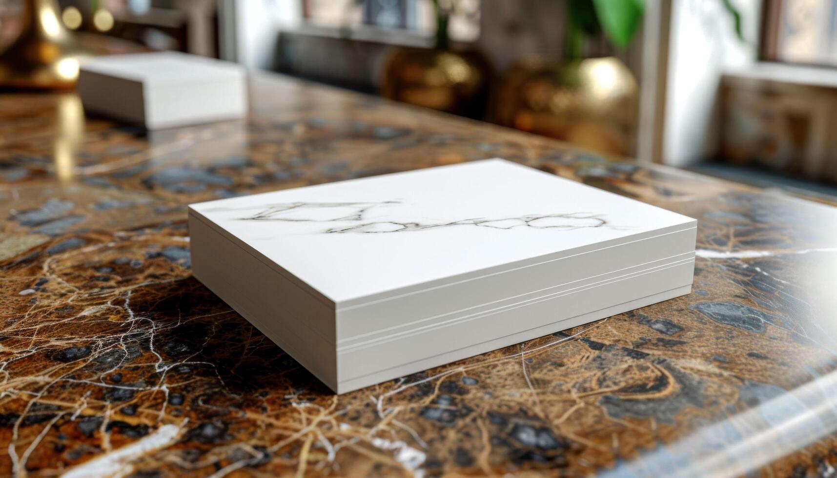 A white box with a marble design sits on a brown table photo