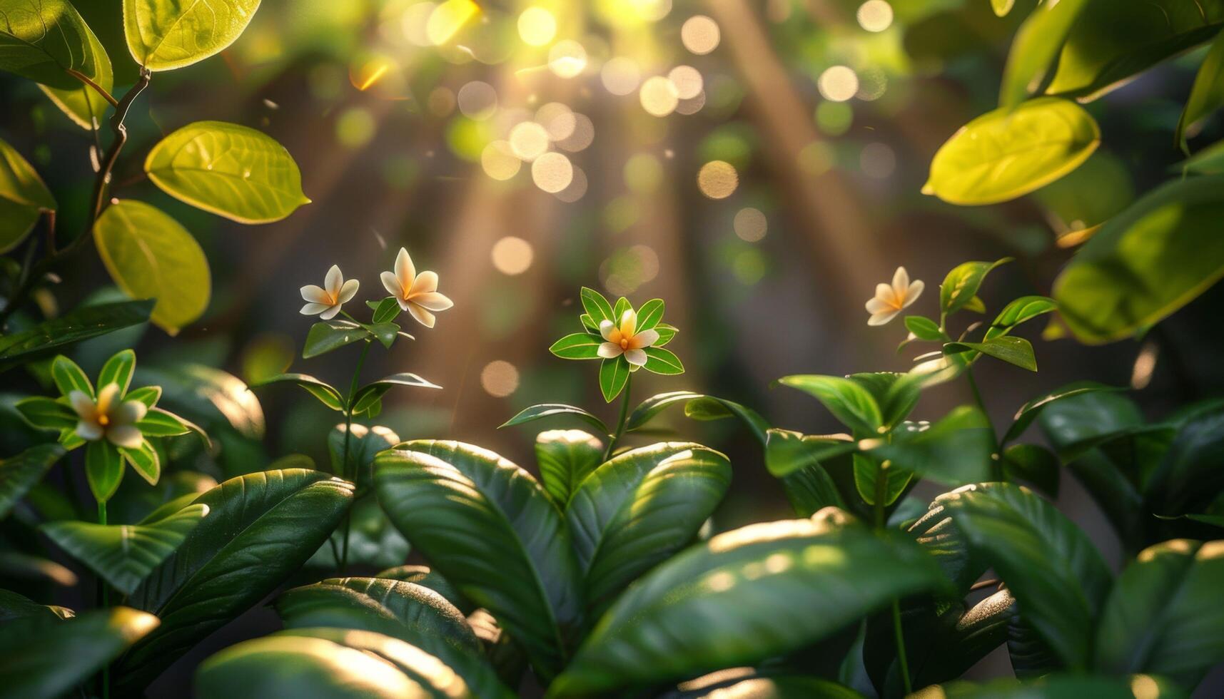 A close up of a garden with a few flowers and leaves photo