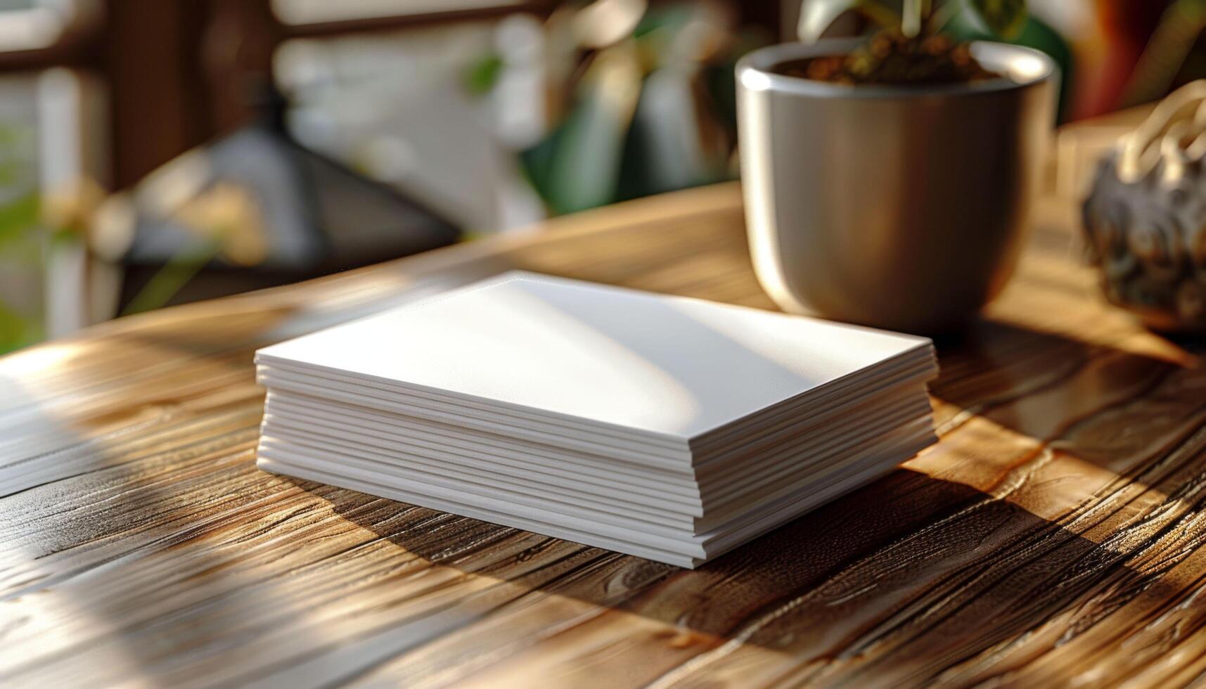 A stack of white papers sits on a wooden table next to a potted plant photo