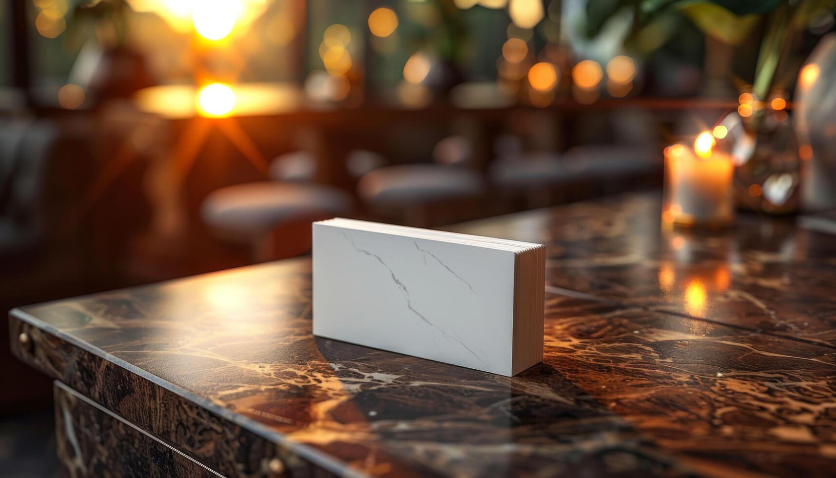 A white block with a logo on it sits on a table photo