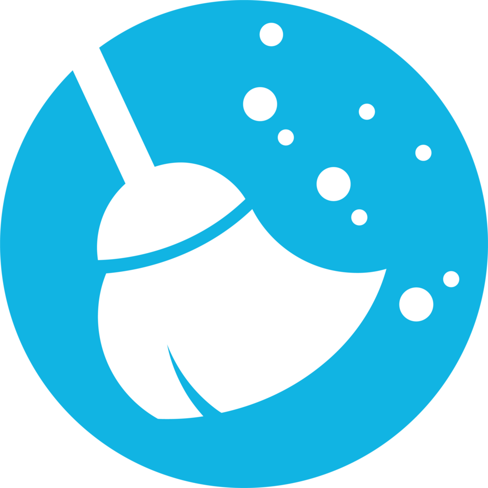 A blue and white logo with a broom and bubbles png