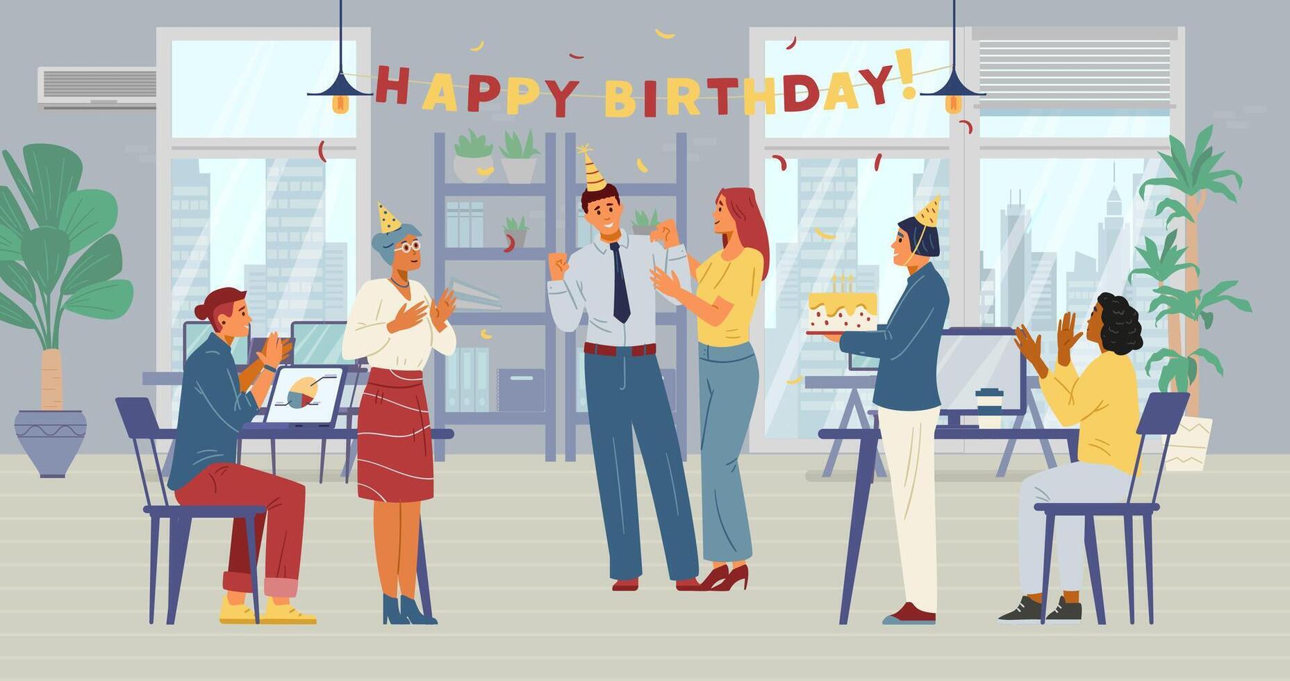 Multiracial business team celebrates colleague's birthday in the open office flat illustration. Cheerful men and women congratulate coworker, applauding, bringing birthday cake. vector