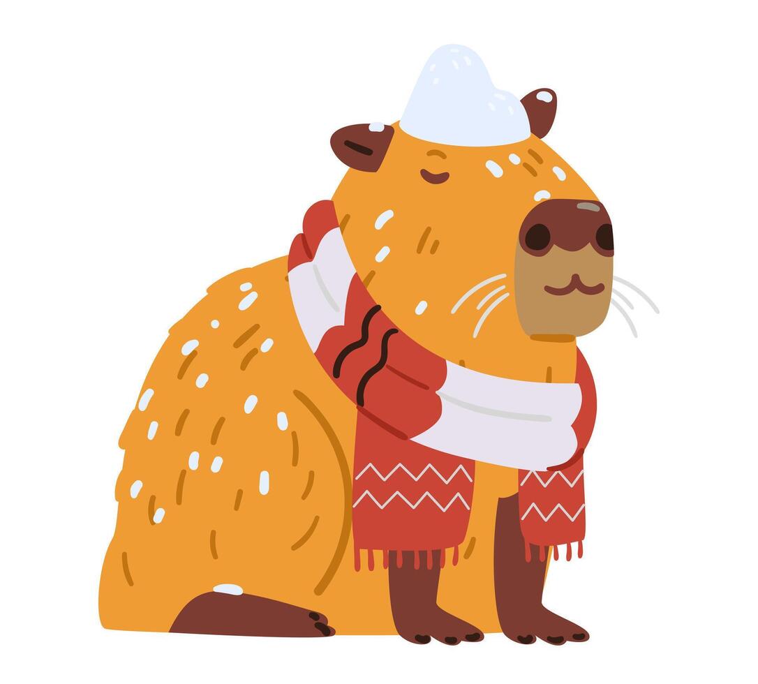 Capybara wearing scarf with eyes closed chilling under snow funny flat illustration isolated on white. vector