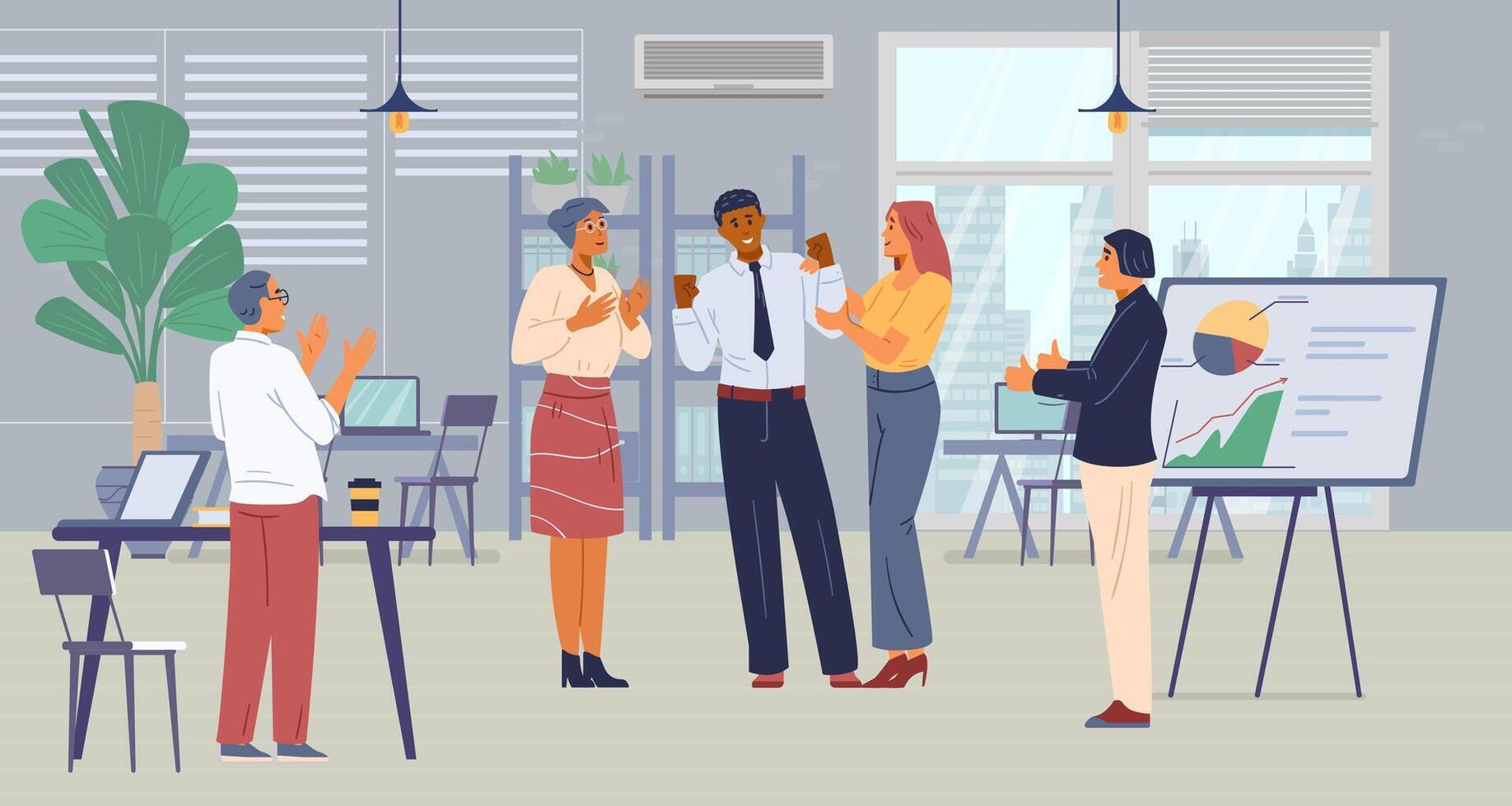Multiracial business team celebrates successful project in the open space office flat illustration. Cheerful colleagues congratulate each other, applauding, showing thumbs up. vector